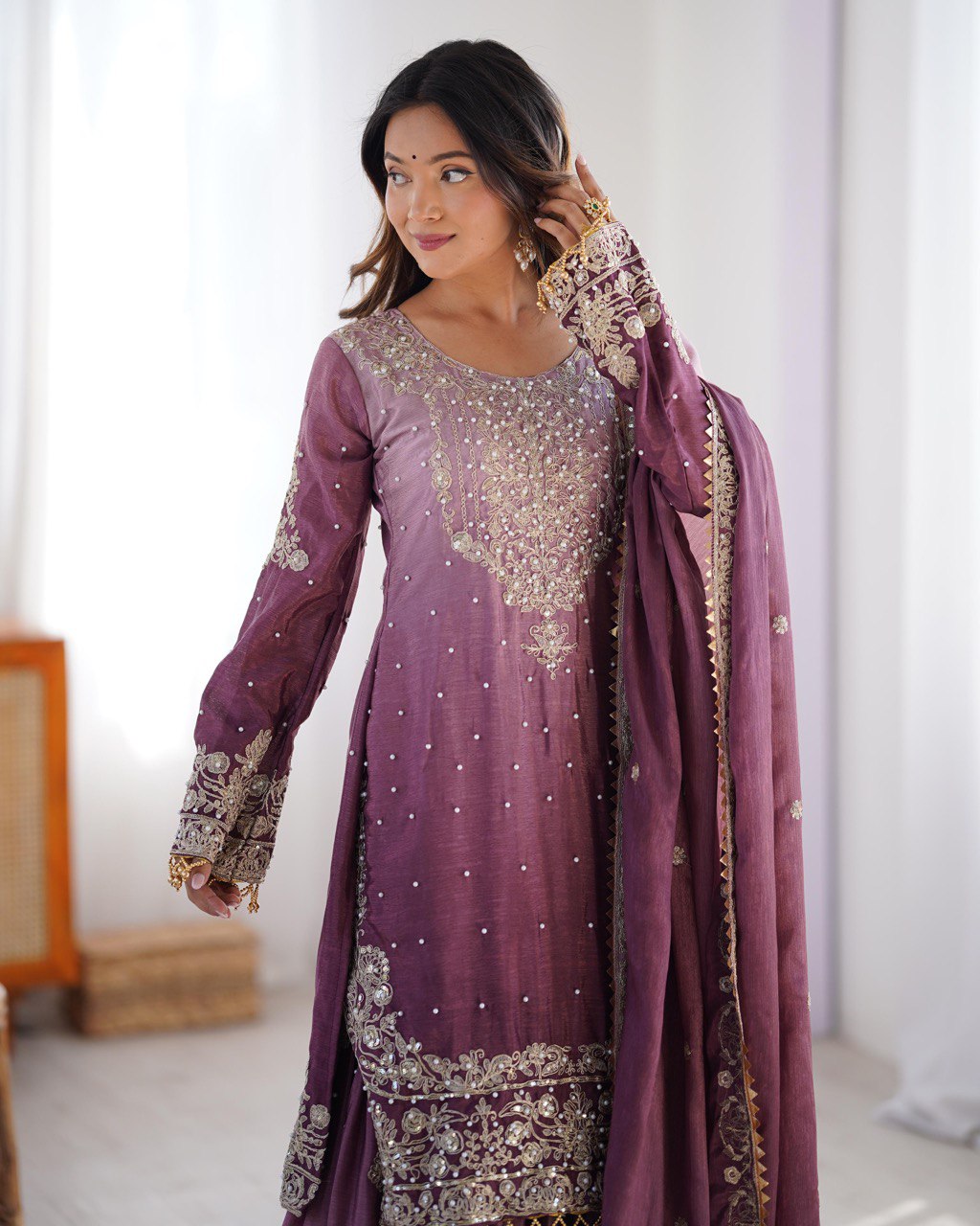"Elegant Lilac Embroidered Sharara Set – Traditional Festive Wear for Women | krushi life style