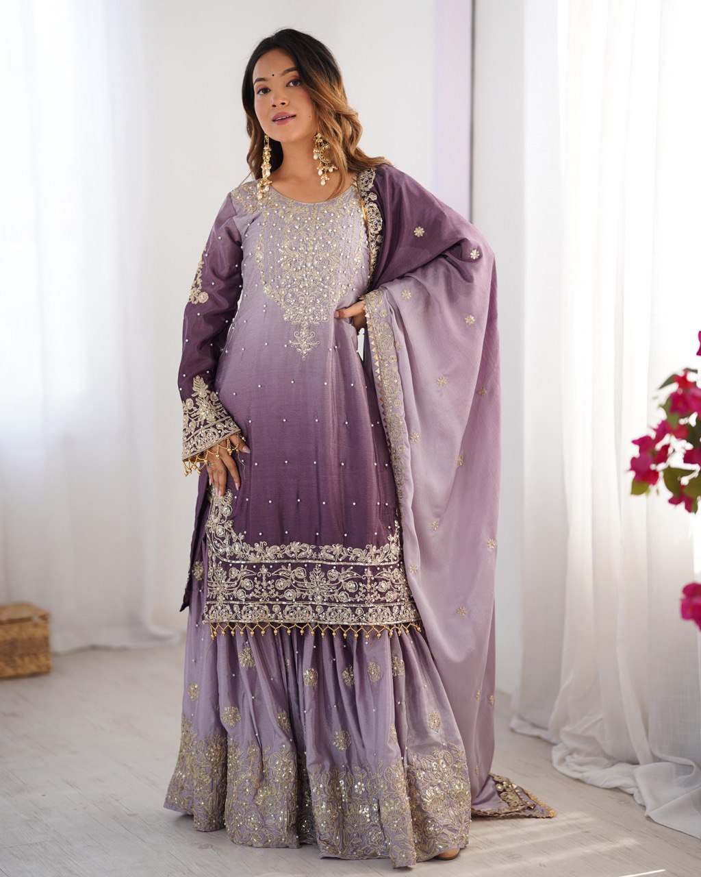 "Elegant Lilac Embroidered Sharara Set – Traditional Festive Wear for Women | krushi life style