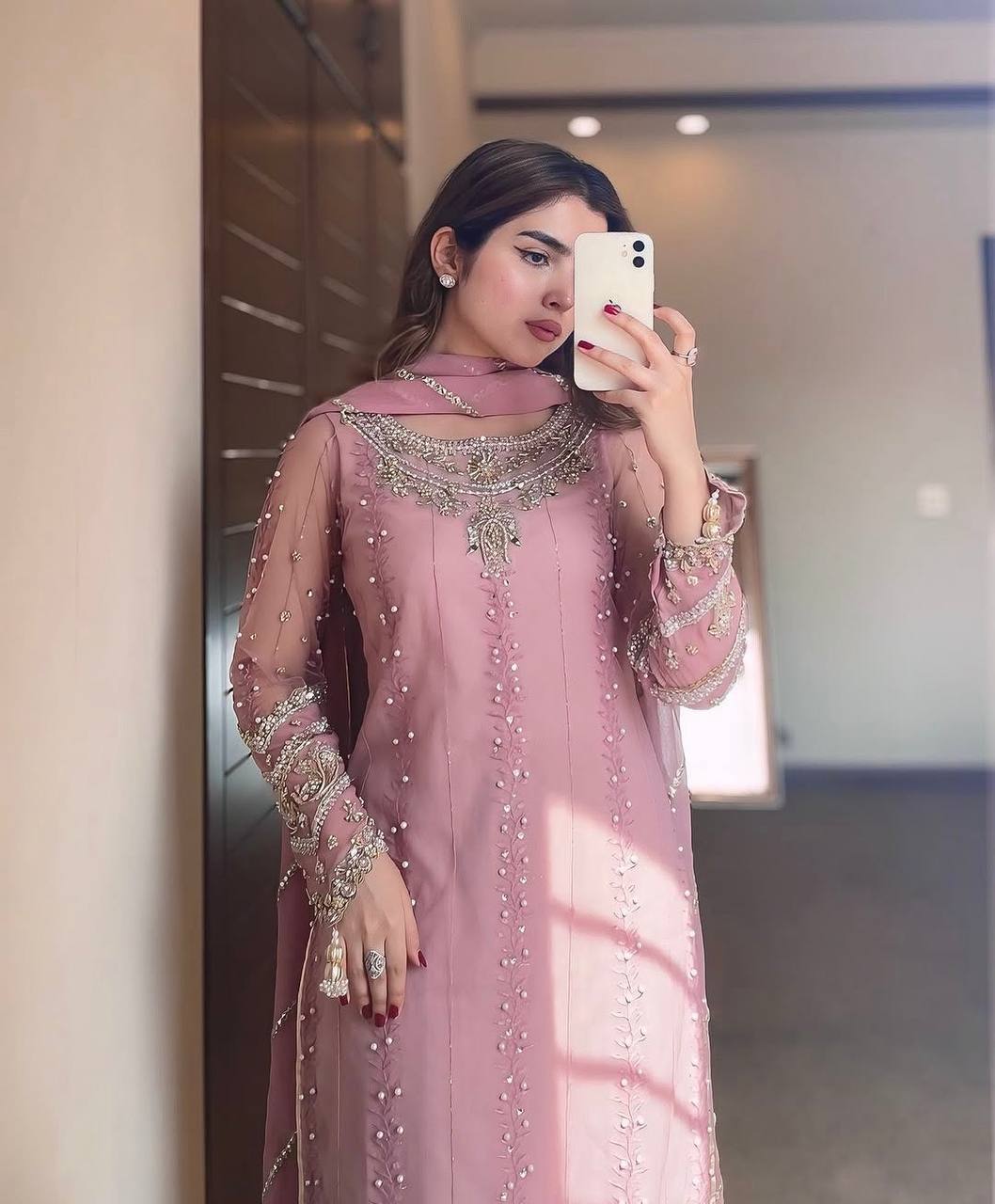 "Pink Embroidered Kurta Set with Dupatta & Ethnic Footwear | Krushi Life Style "