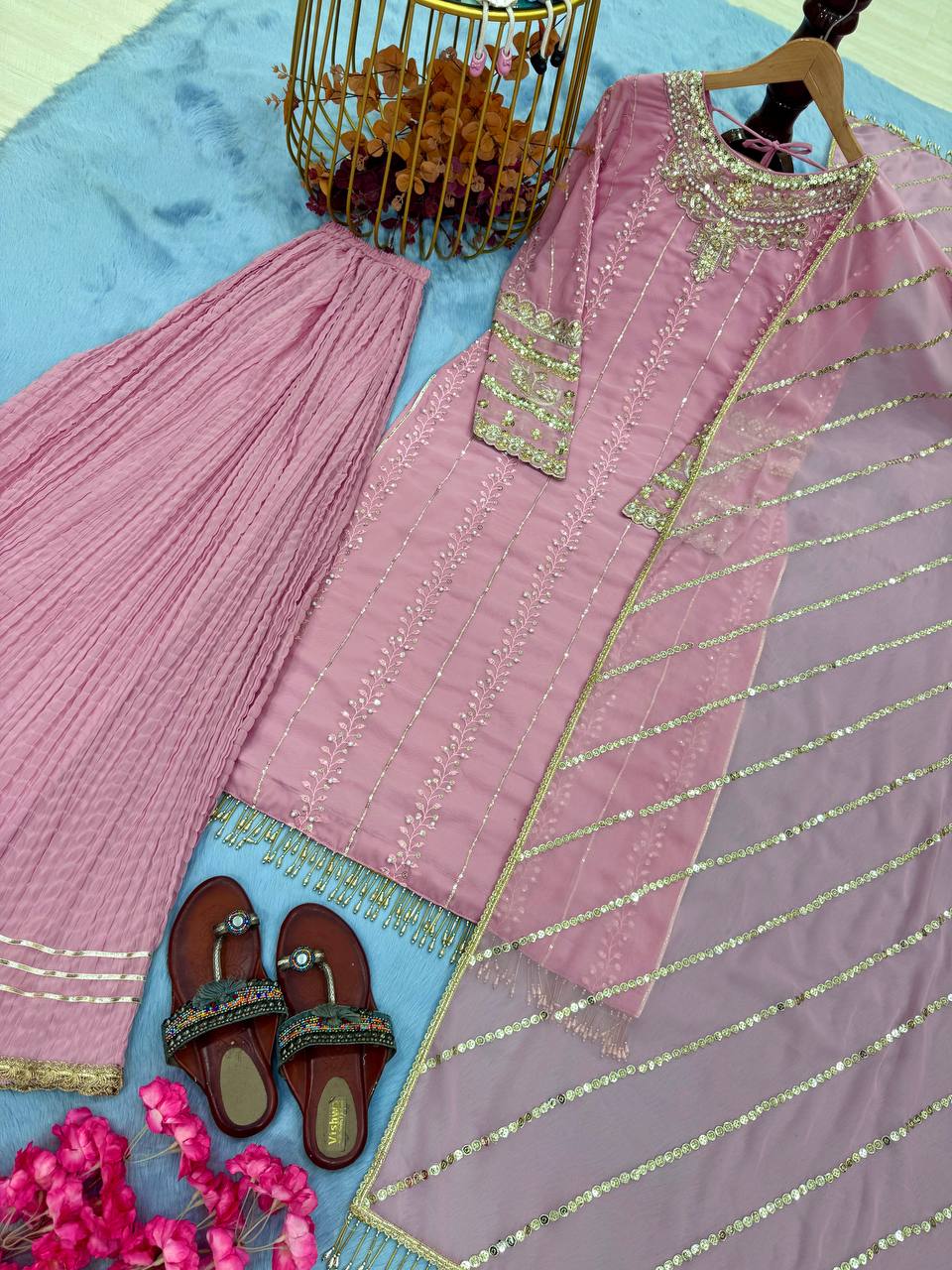 "Pink Embroidered Kurta Set with Dupatta & Ethnic Footwear | Krushi Life Style "