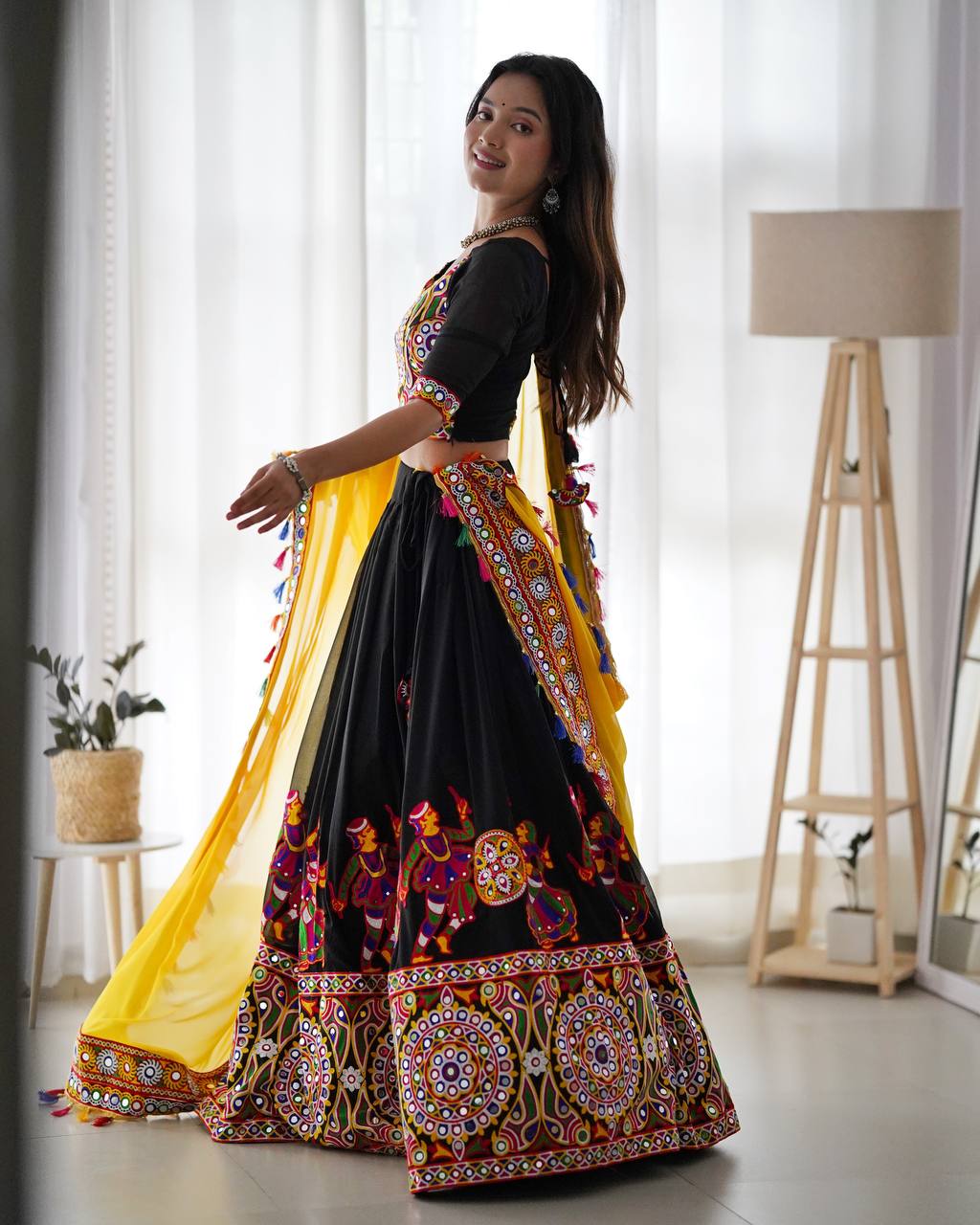 "Traditional Garba Dance Outfit – Vibrant Embroidered Lehenga Choli with Yellow Dupatta  | krushi life style