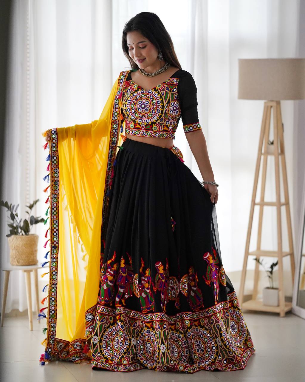 "Traditional Garba Dance Outfit – Vibrant Embroidered Lehenga Choli with Yellow Dupatta  | krushi life style