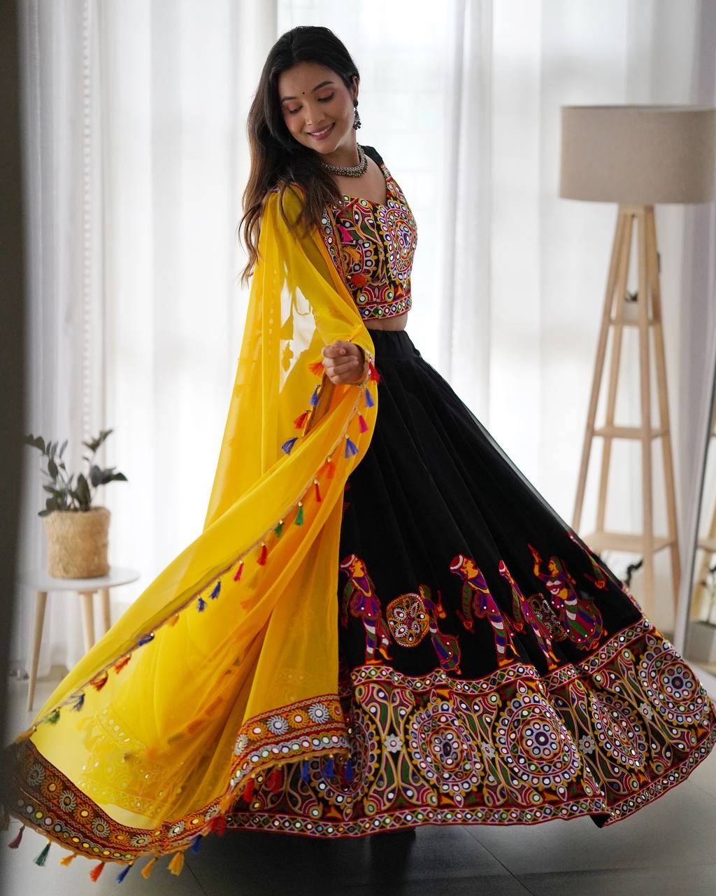 "Traditional Garba Dance Outfit – Vibrant Embroidered Lehenga Choli with Yellow Dupatta  | krushi life style