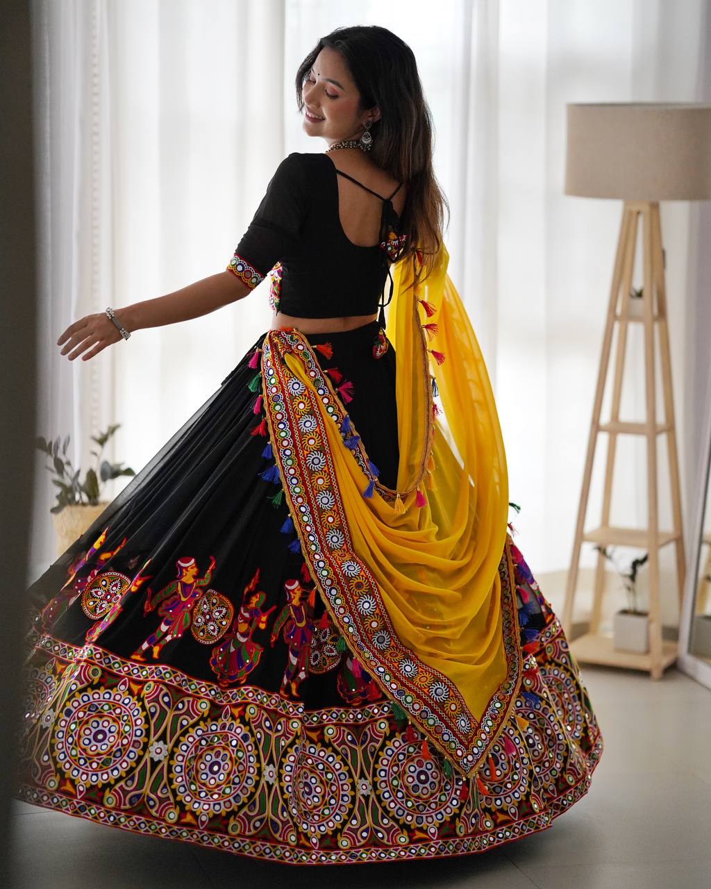 "Traditional Garba Dance Outfit – Vibrant Embroidered Lehenga Choli with Yellow Dupatta  | krushi life style