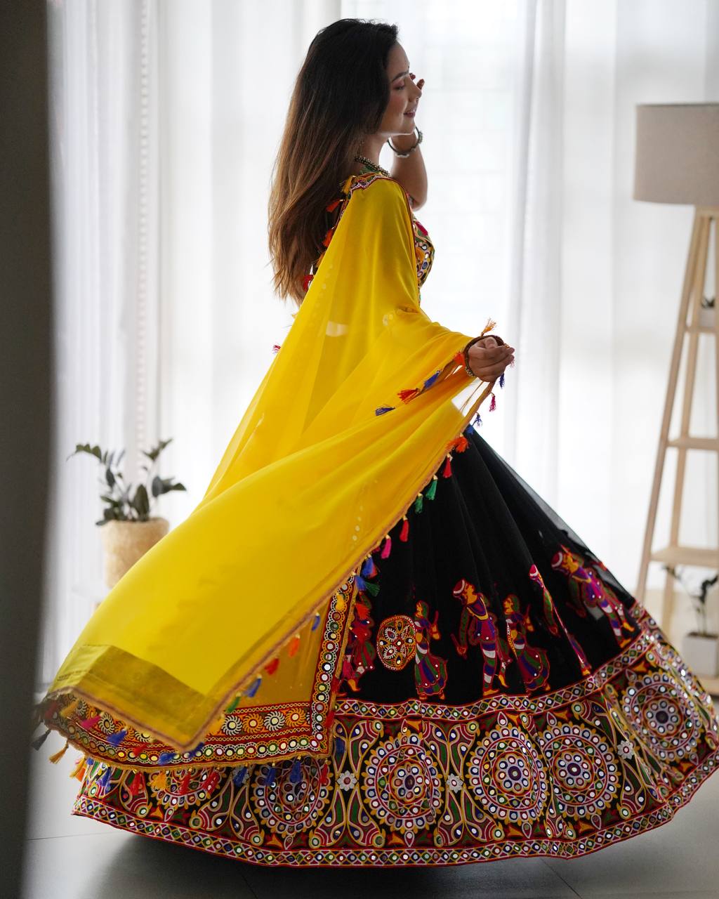 "Traditional Garba Dance Outfit – Vibrant Embroidered Lehenga Choli with Yellow Dupatta  | krushi life style