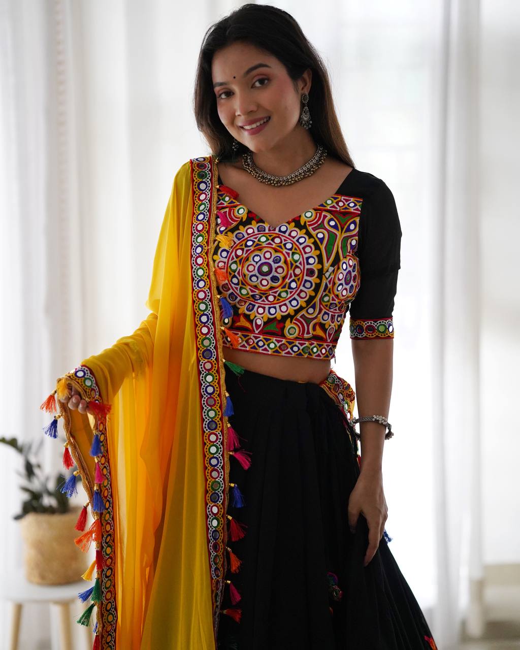 "Traditional Garba Dance Outfit – Vibrant Embroidered Lehenga Choli with Yellow Dupatta  | krushi life style