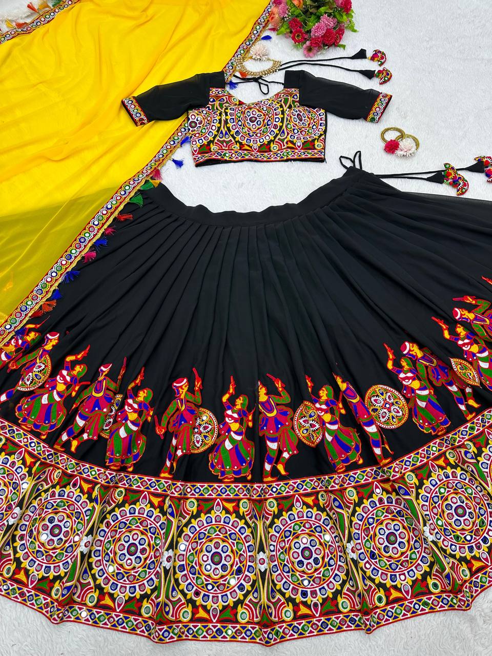 "Traditional Garba Dance Outfit – Vibrant Embroidered Lehenga Choli with Yellow Dupatta  | krushi life style