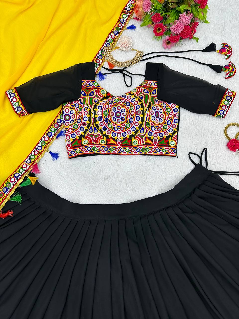 "Traditional Garba Dance Outfit – Vibrant Embroidered Lehenga Choli with Yellow Dupatta  | krushi life style