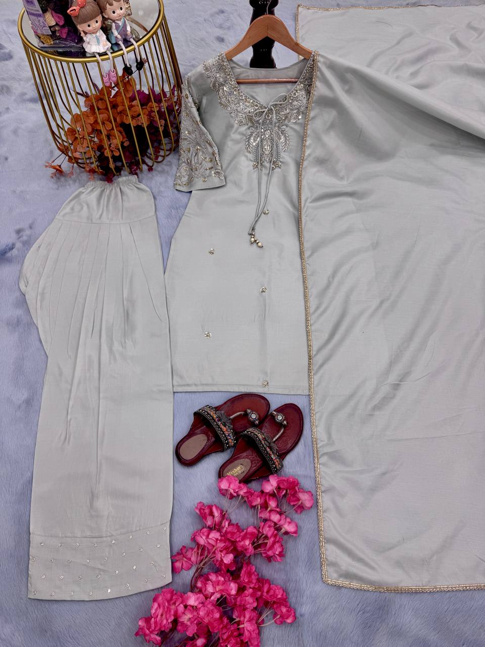 "Pastel Perfection: Kurta, Dupatta & Pant Set | Krushi Life Style"
