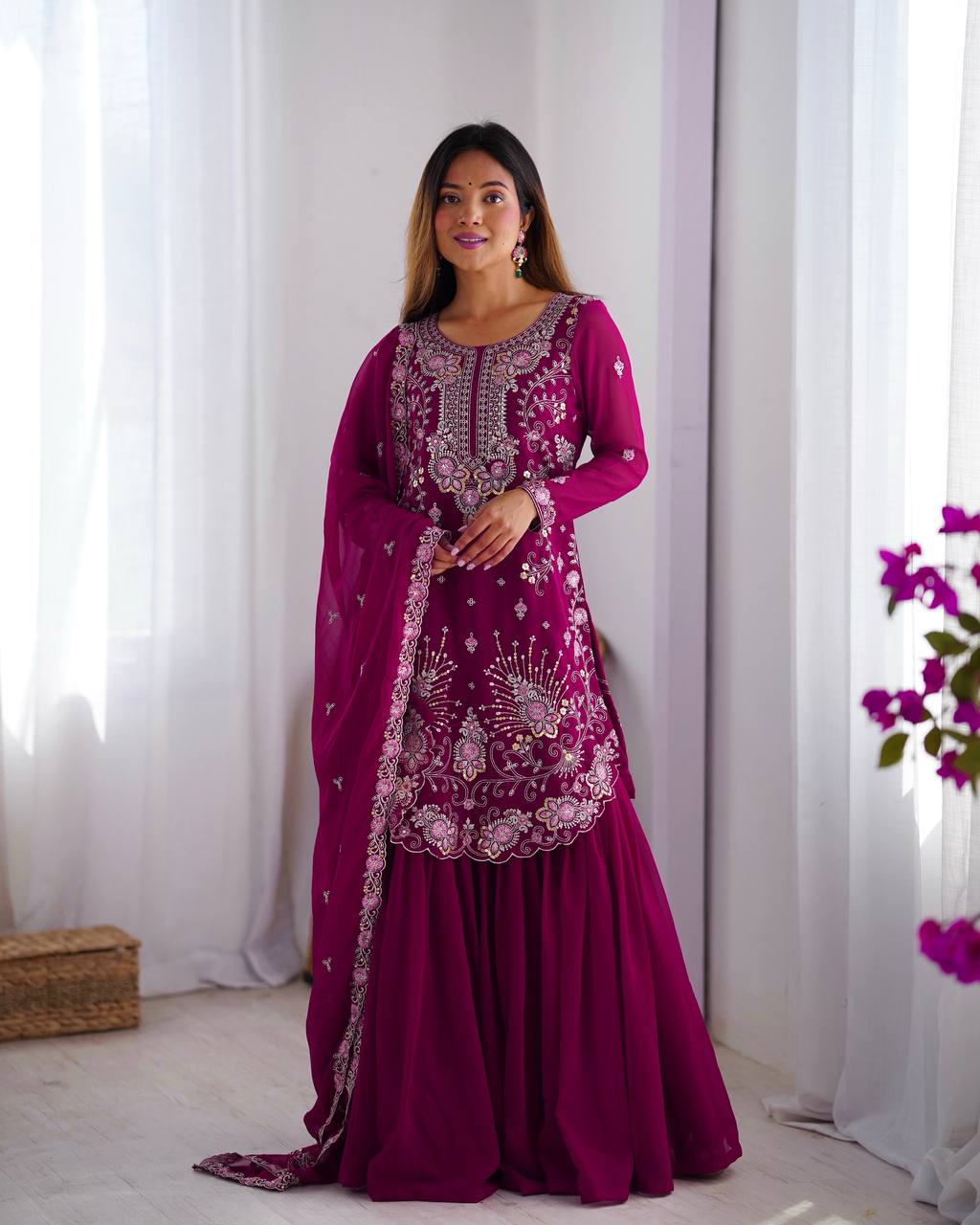 "Embroidered Sharara Suit Set with Dupatta – Elegant Festive Collection| KRUSHI LIFE STYLE