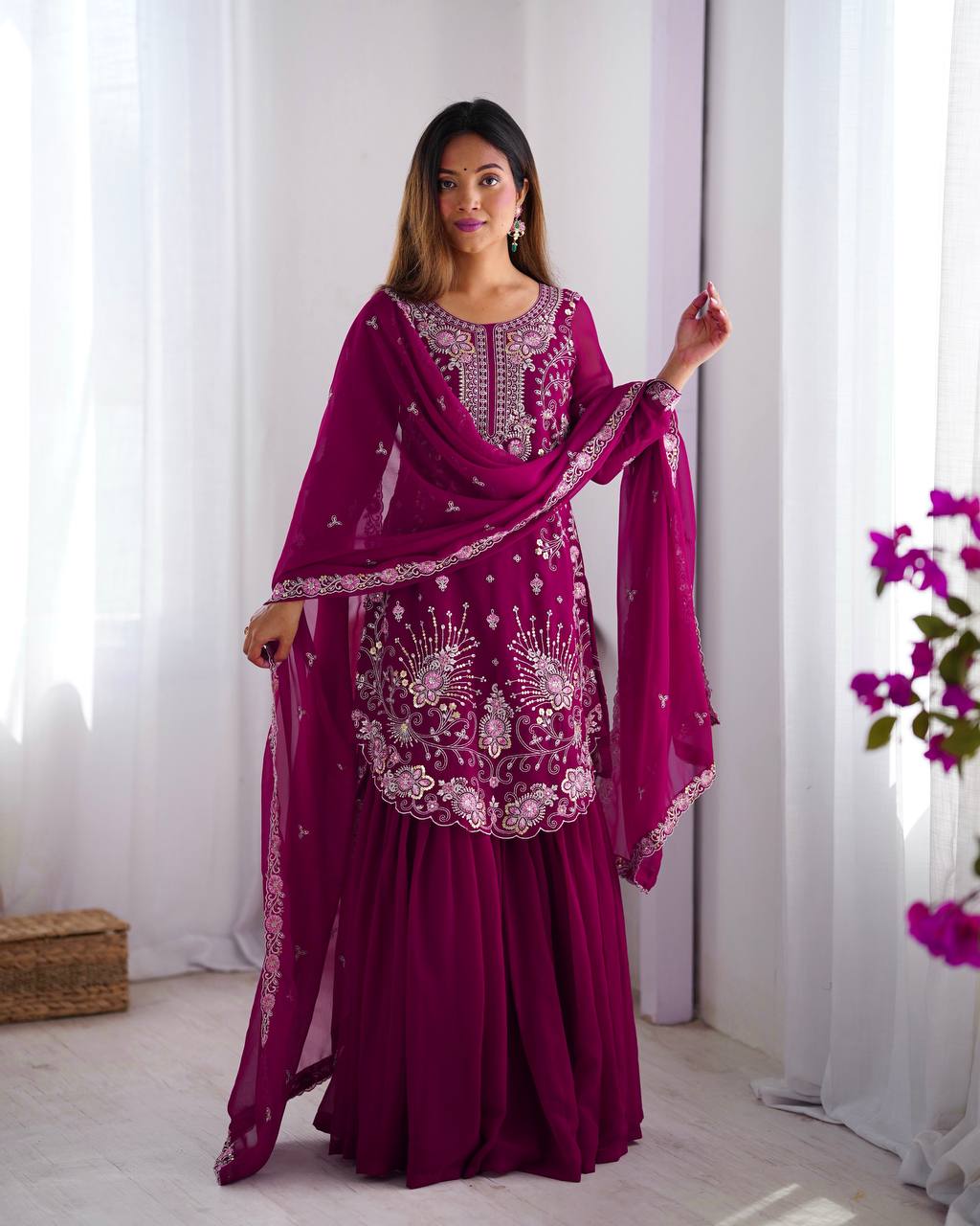 "Embroidered Sharara Suit Set with Dupatta – Elegant Festive Collection| KRUSHI LIFE STYLE
