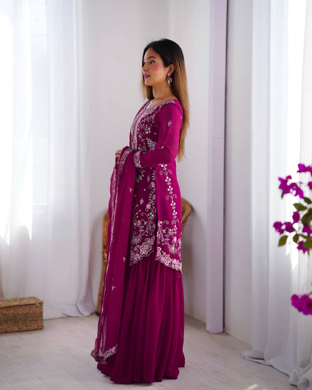 "Embroidered Sharara Suit Set with Dupatta – Elegant Festive Collection| KRUSHI LIFE STYLE