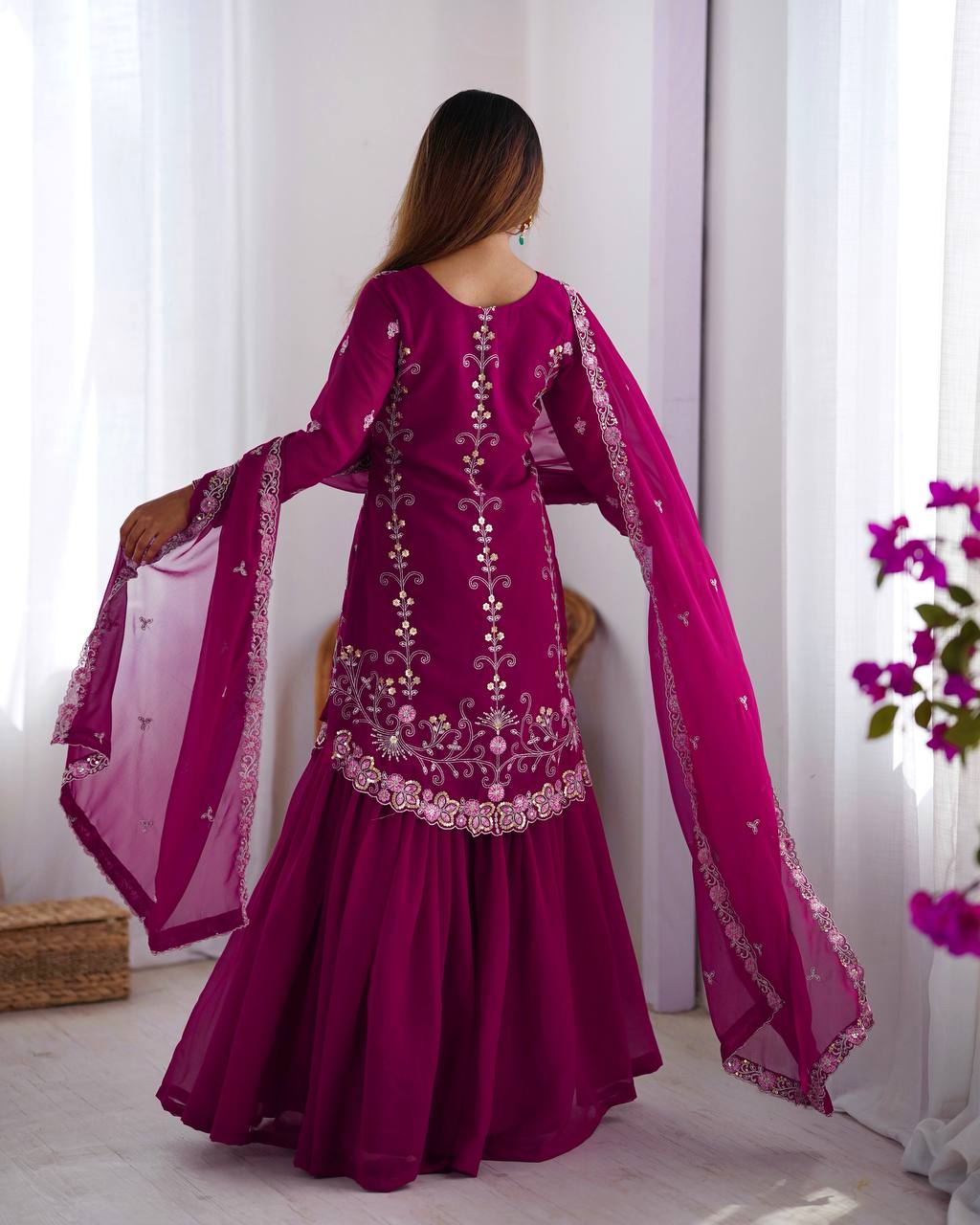 "Embroidered Sharara Suit Set with Dupatta – Elegant Festive Collection| KRUSHI LIFE STYLE