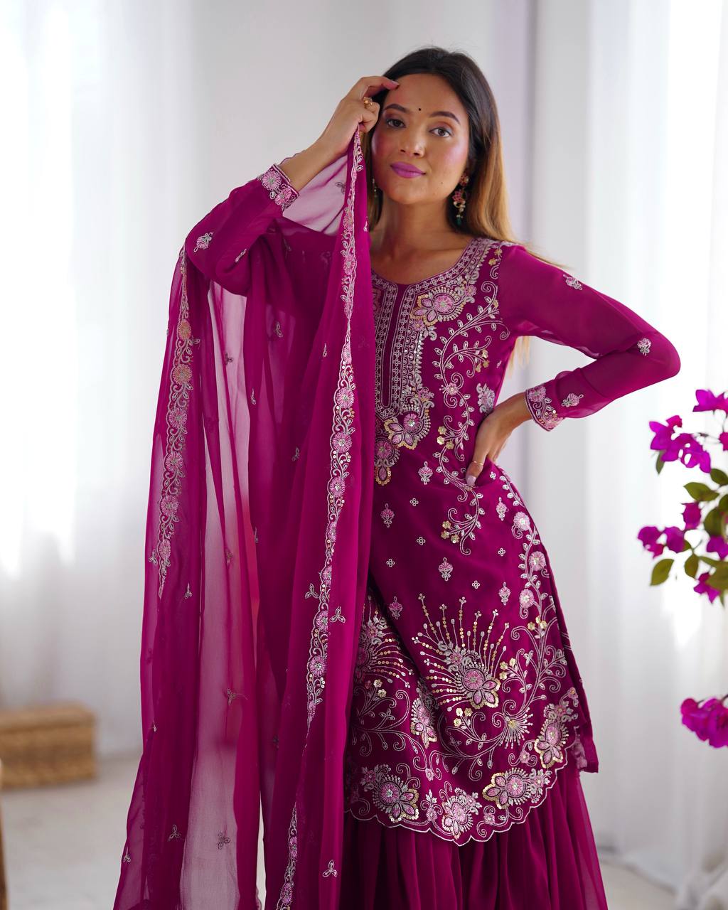 "Embroidered Sharara Suit Set with Dupatta – Elegant Festive Collection| KRUSHI LIFE STYLE