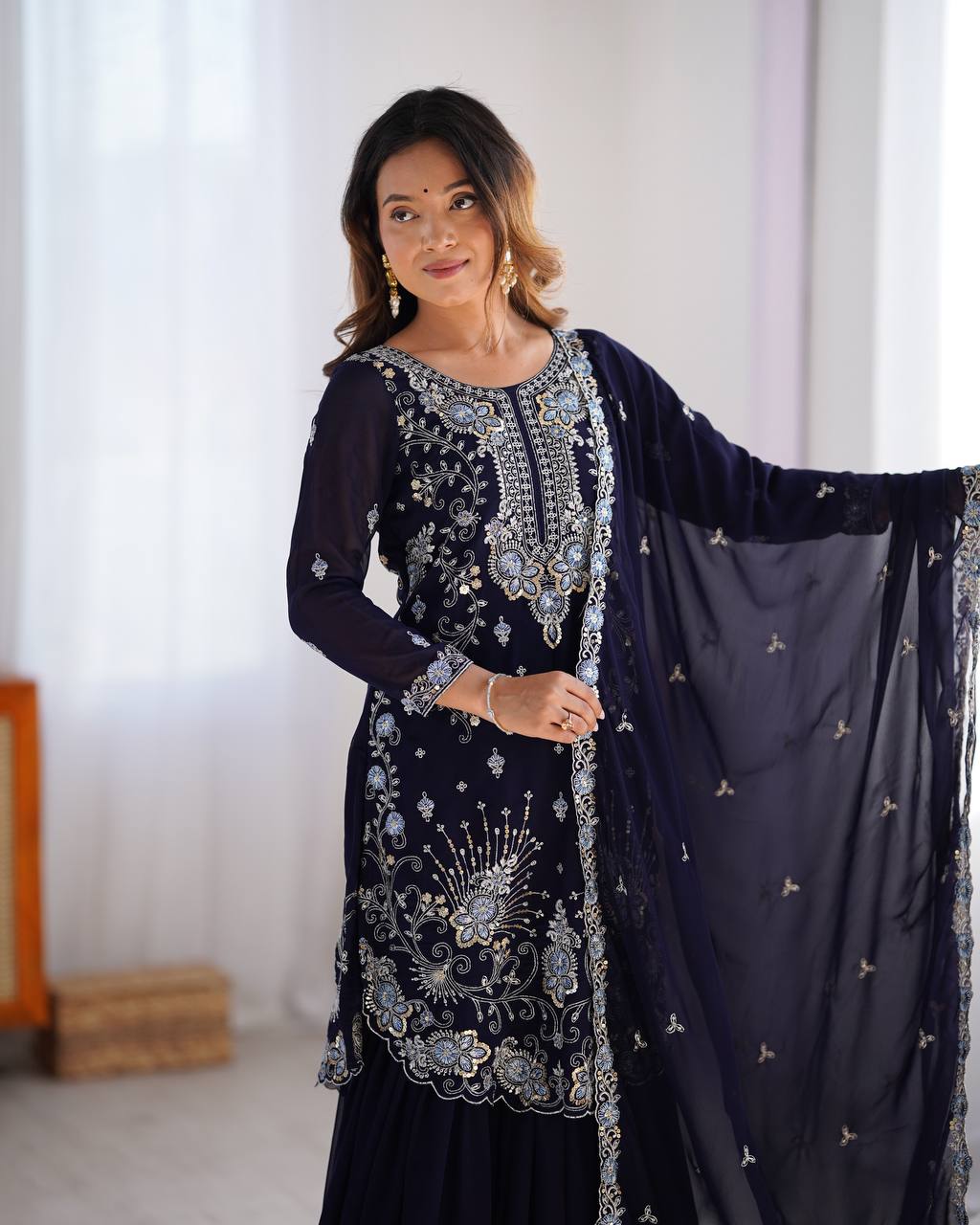 "Embroidered Sharara Suit Set with Dupatta – Elegant Festive Collection| KRUSHI LIFE STYLE