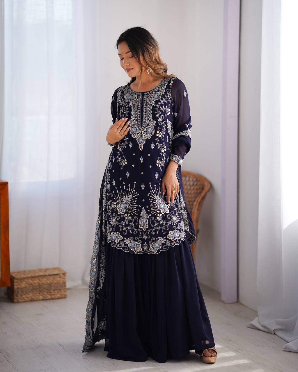 "Embroidered Sharara Suit Set with Dupatta – Elegant Festive Collection| KRUSHI LIFE STYLE