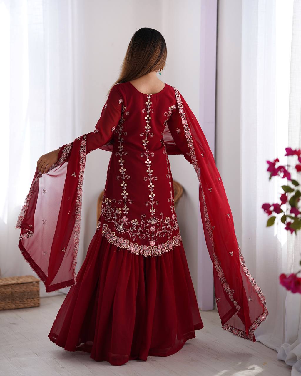 "Embroidered Sharara Suit Set with Dupatta – Elegant Festive Collection| KRUSHI LIFE STYLE