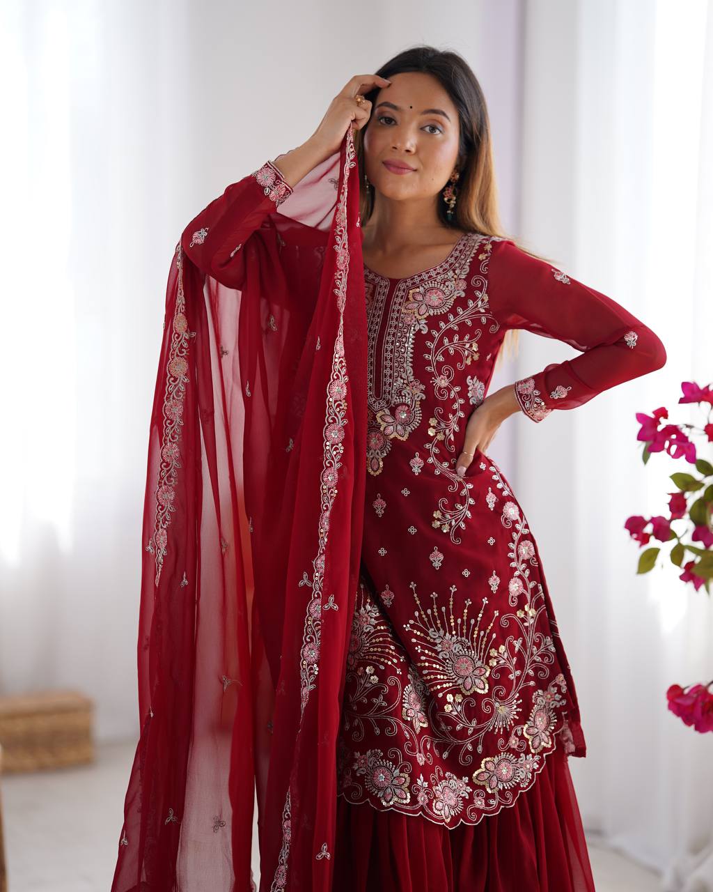 "Embroidered Sharara Suit Set with Dupatta – Elegant Festive Collection| KRUSHI LIFE STYLE