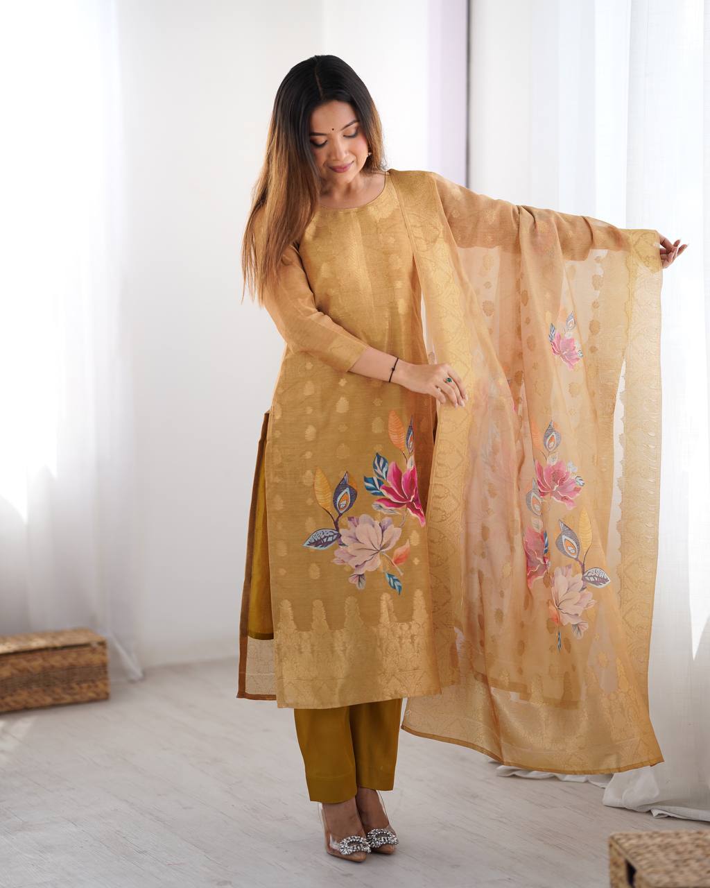 Elegant Floral Kurta Sets – Graceful Golden & Teal Designs for Festive Charm | Krushi Life Style