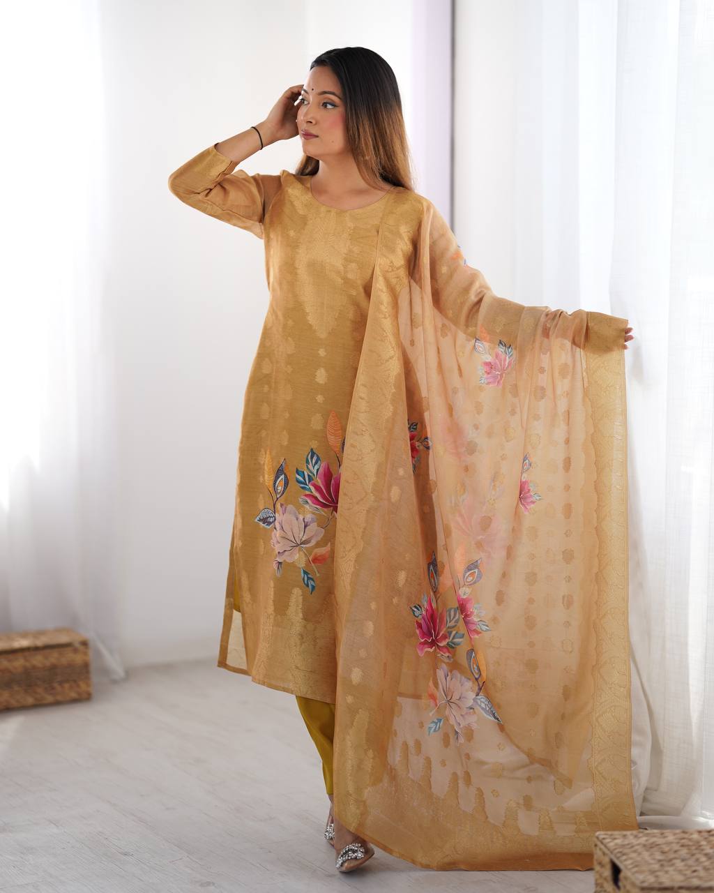 Elegant Floral Kurta Sets – Graceful Golden & Teal Designs for Festive Charm | Krushi Life Style