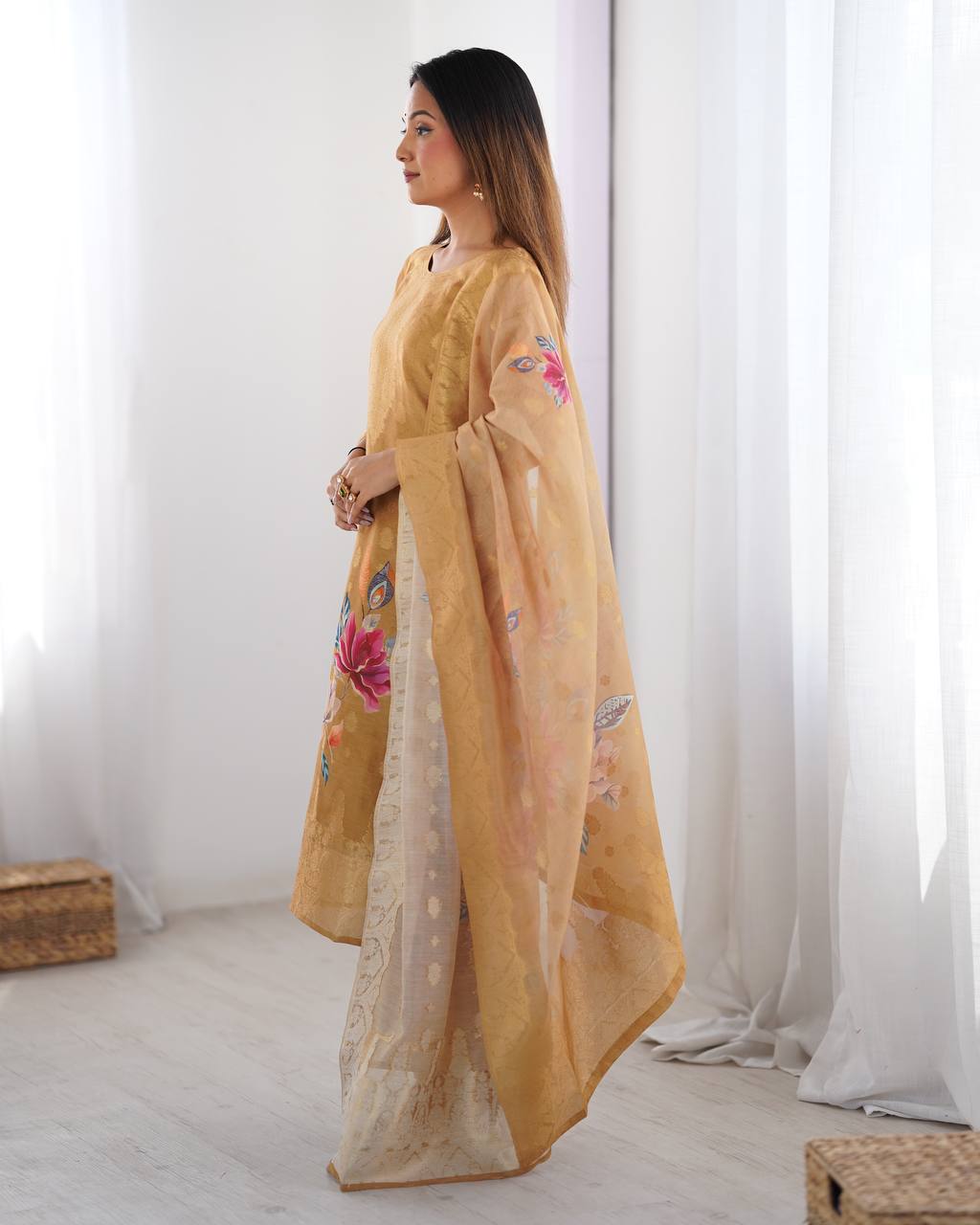 Elegant Floral Kurta Sets – Graceful Golden & Teal Designs for Festive Charm | Krushi Life Style