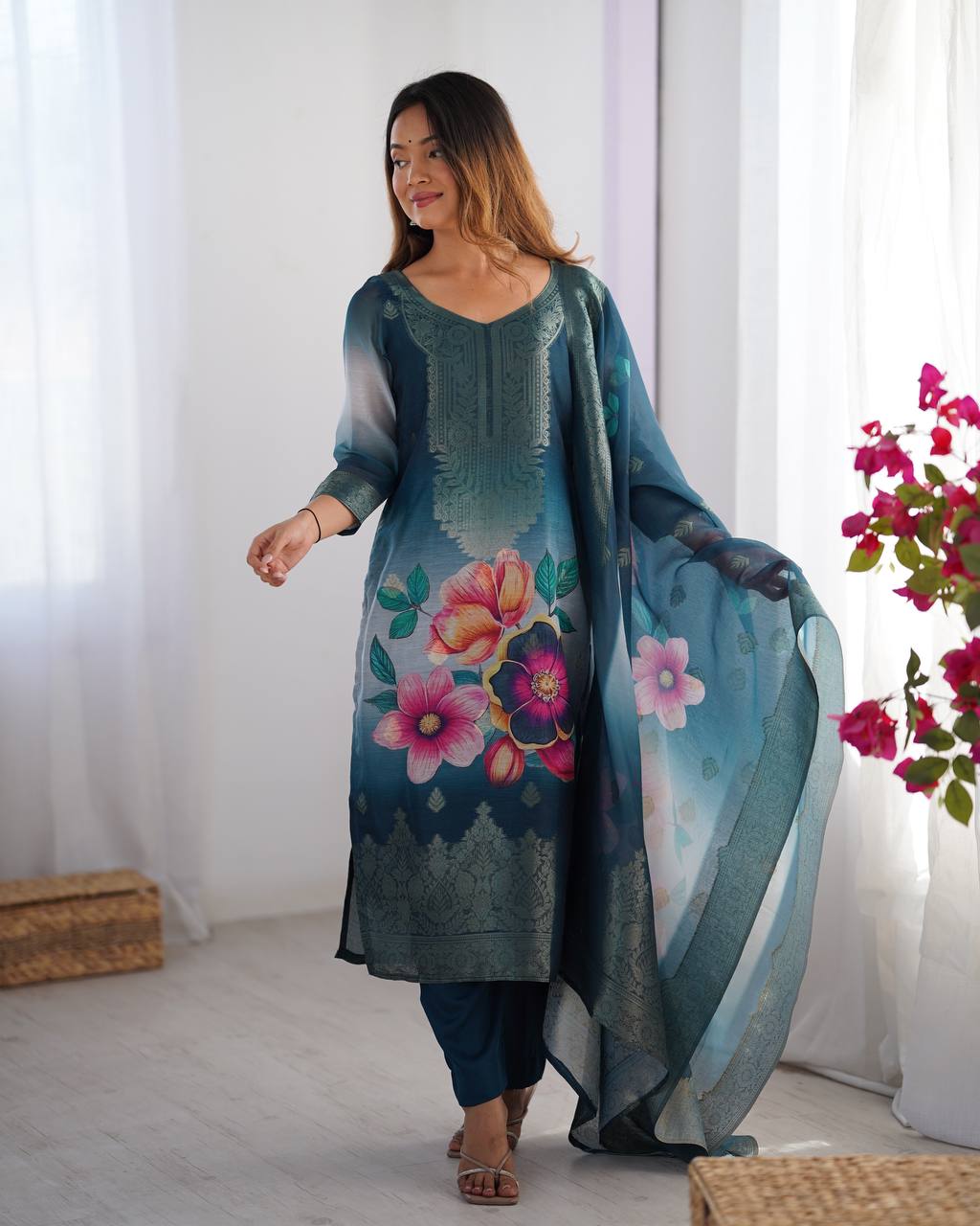 Elegant Floral Kurta Sets – Graceful Golden & Teal Designs for Festive Charm | Krushi Life Style