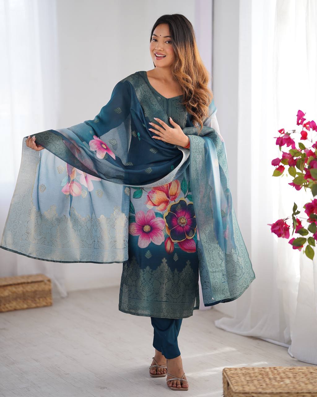 Elegant Floral Kurta Sets – Graceful Golden & Teal Designs for Festive Charm | Krushi Life Style