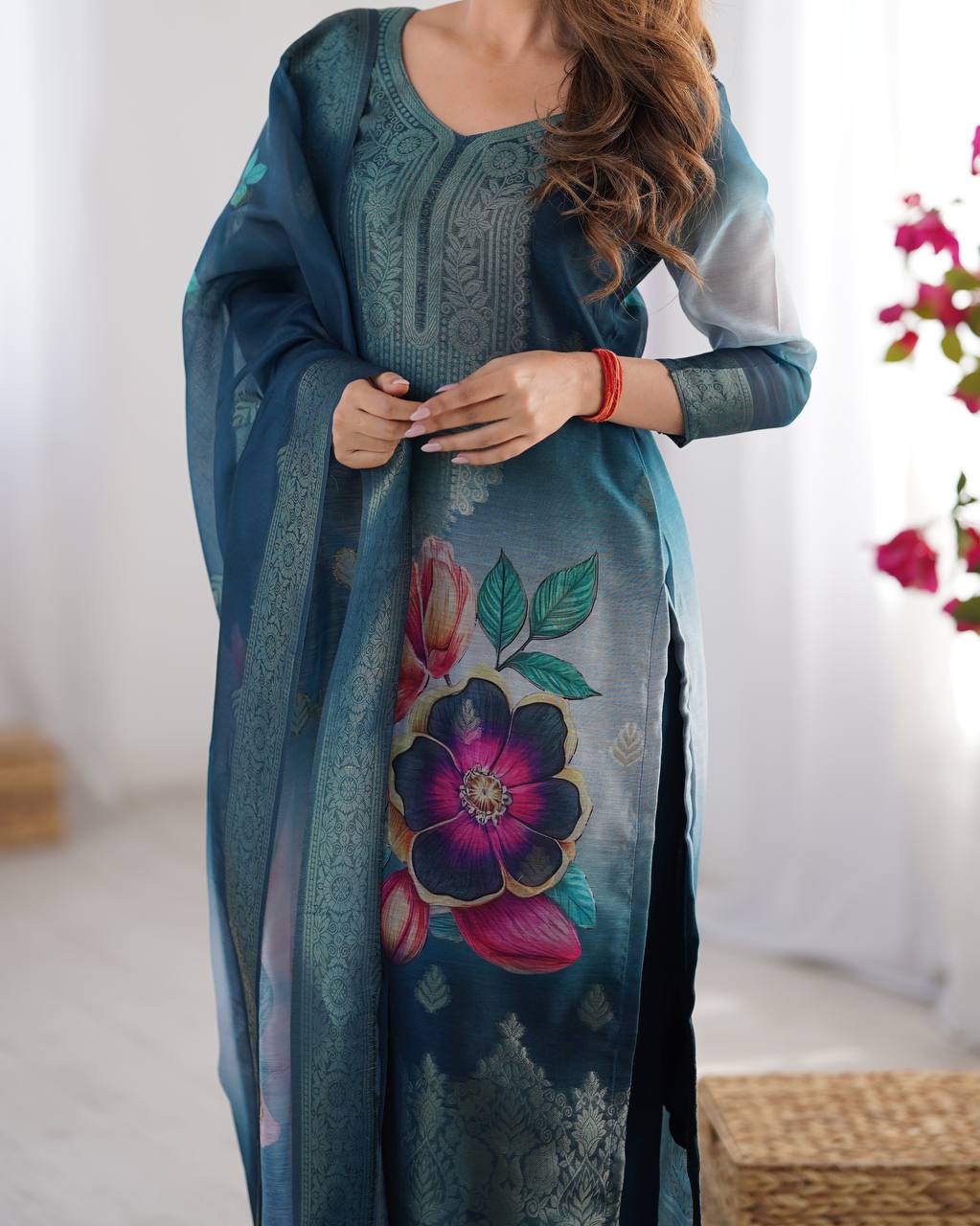 Elegant Floral Kurta Sets – Graceful Golden & Teal Designs for Festive Charm | Krushi Life Style