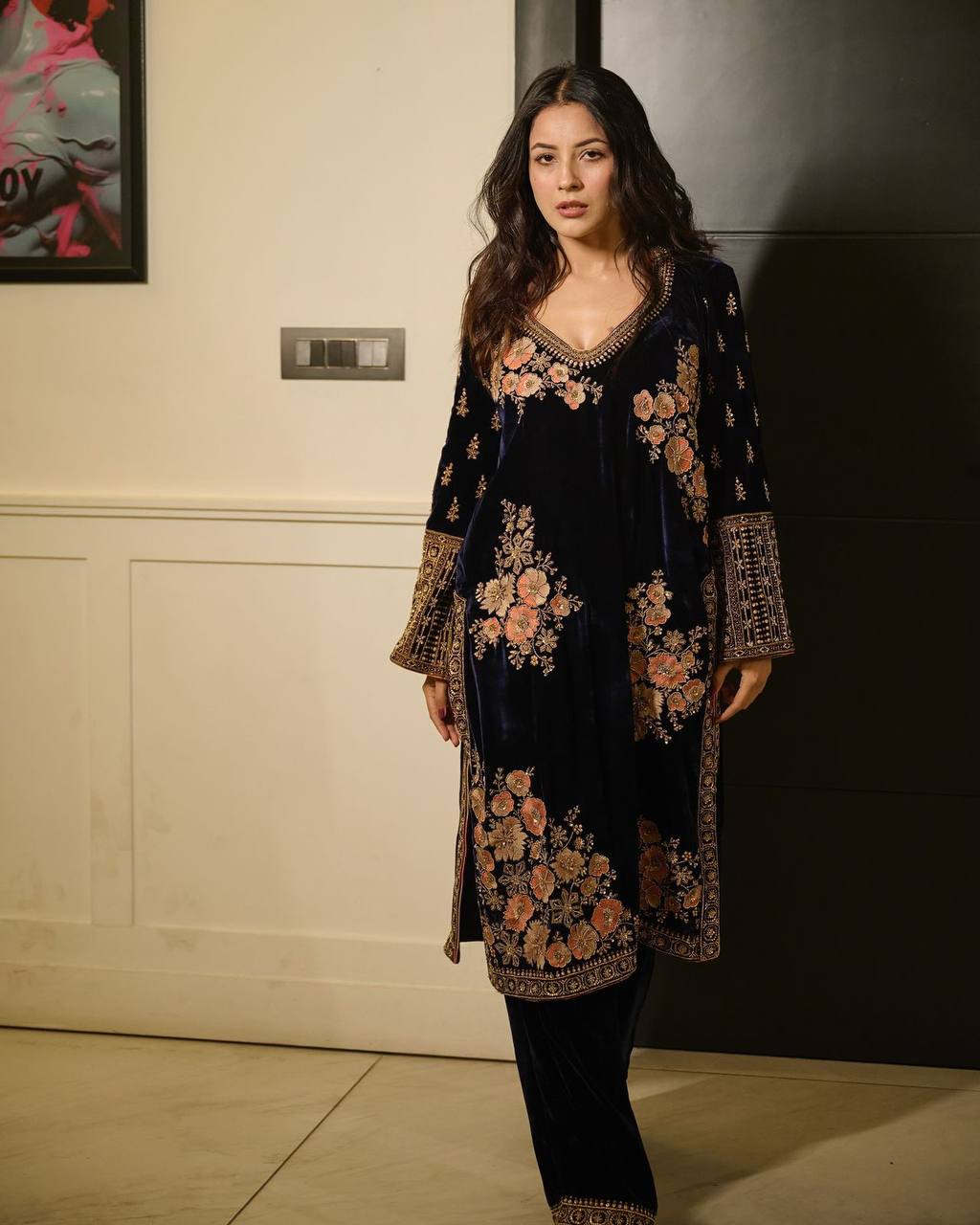 "Midnight Velvet Elegance: Handcrafted Floral Embroidered Kaftan | Krushi Life Style "