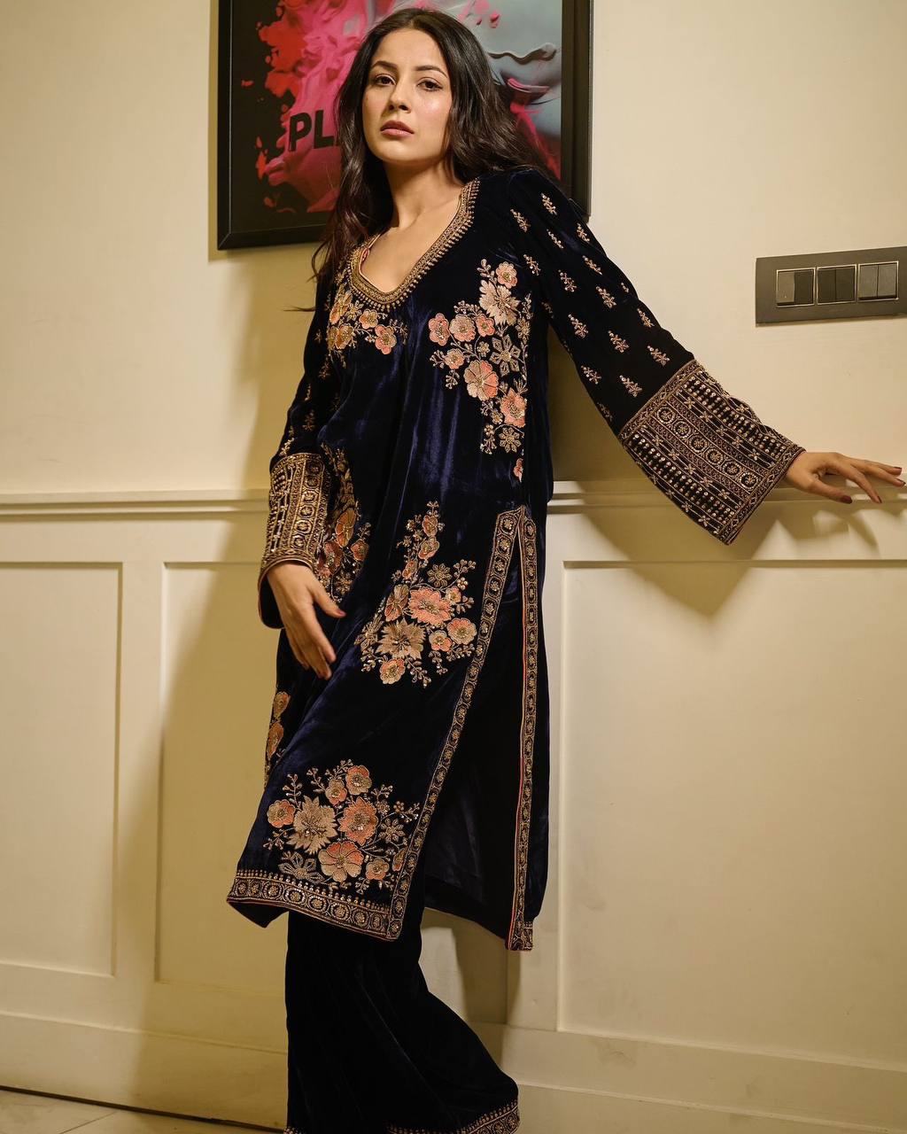 "Midnight Velvet Elegance: Handcrafted Floral Embroidered Kaftan | Krushi Life Style "