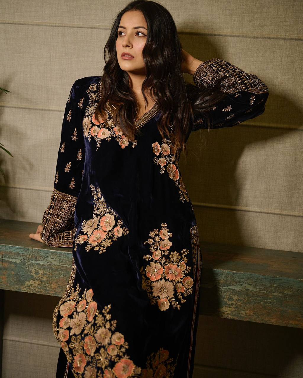 "Midnight Velvet Elegance: Handcrafted Floral Embroidered Kaftan | Krushi Life Style "