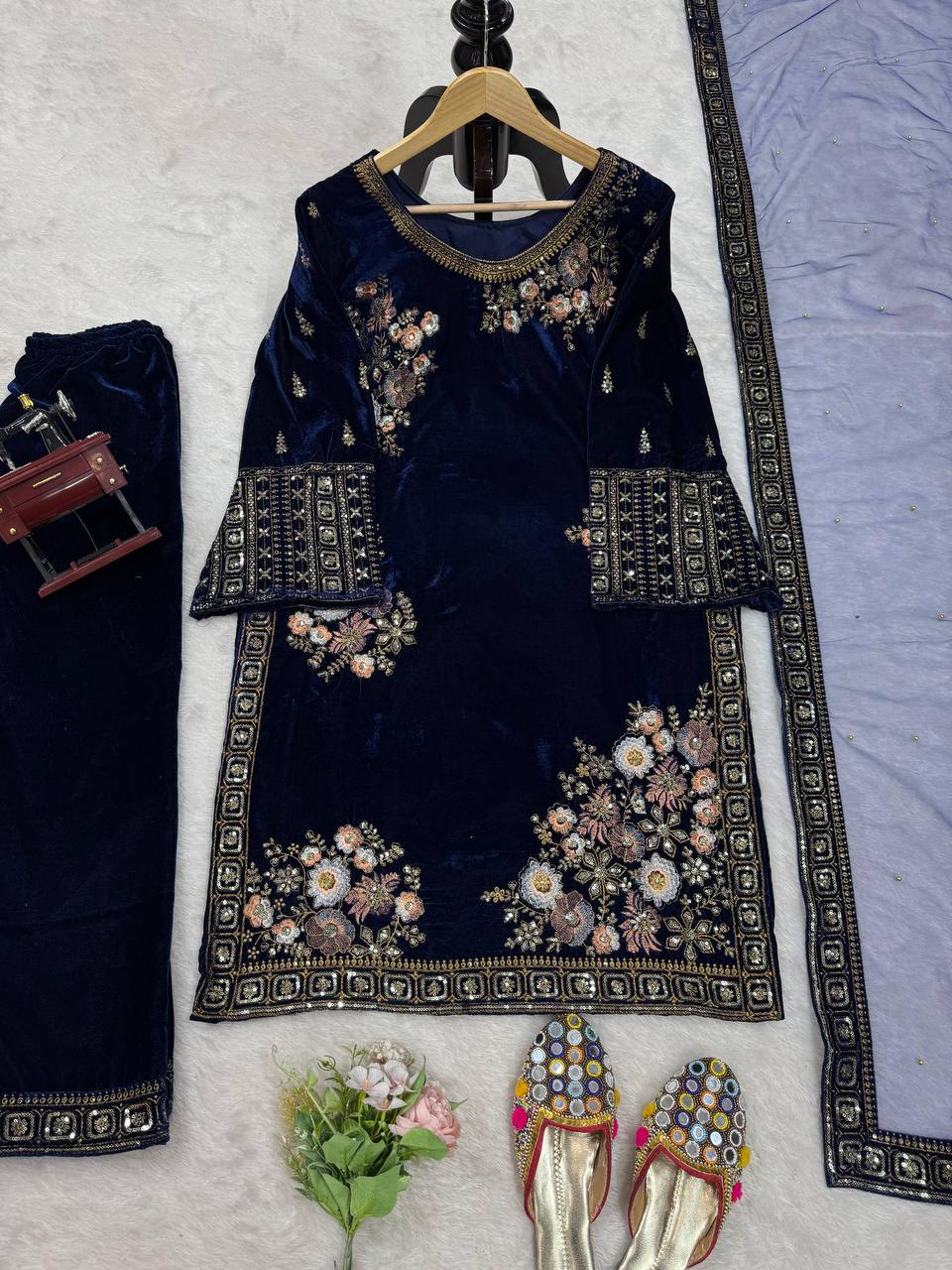 "Midnight Velvet Elegance: Handcrafted Floral Embroidered Kaftan | Krushi Life Style "