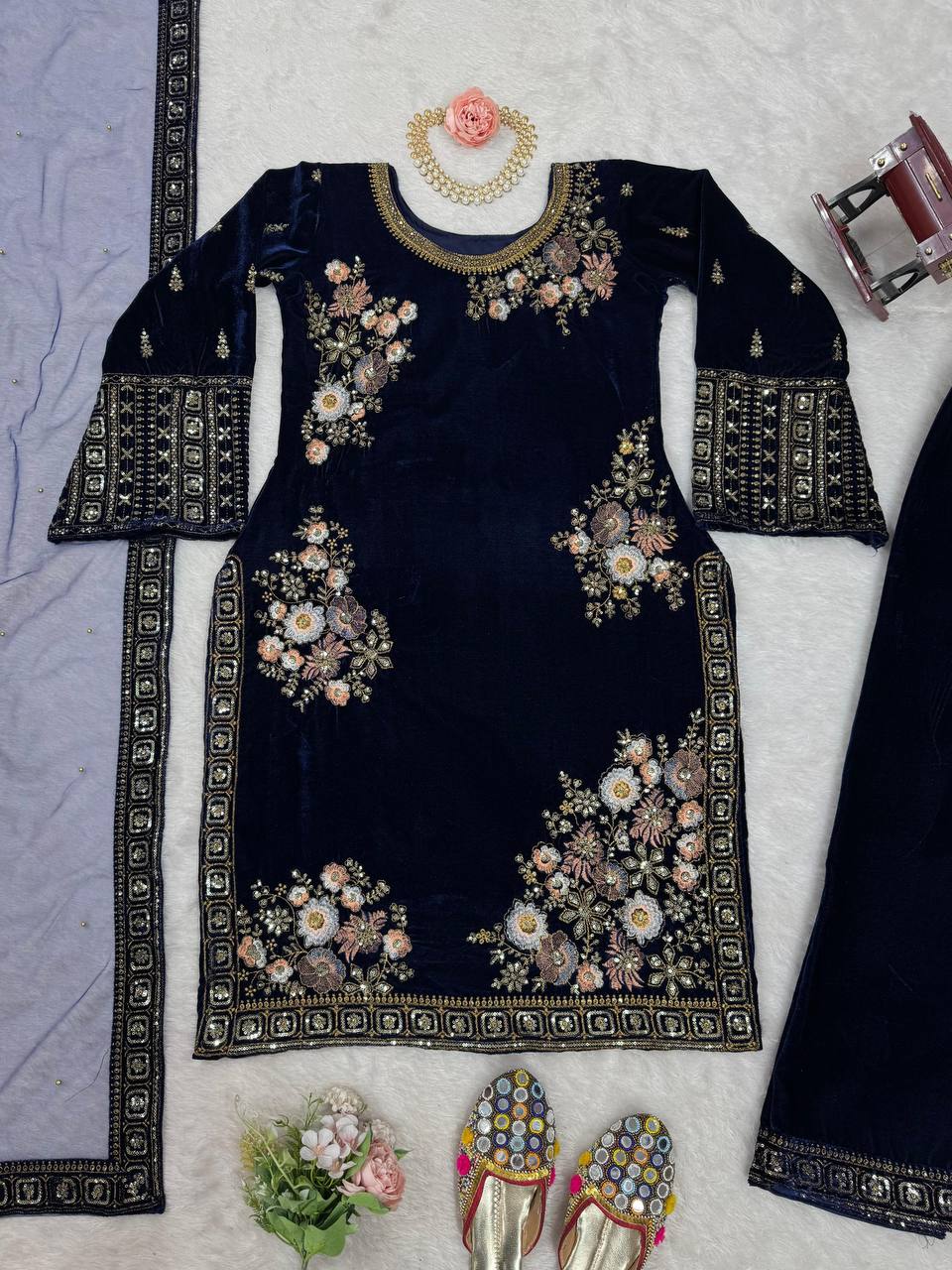 "Midnight Velvet Elegance: Handcrafted Floral Embroidered Kaftan | Krushi Life Style "