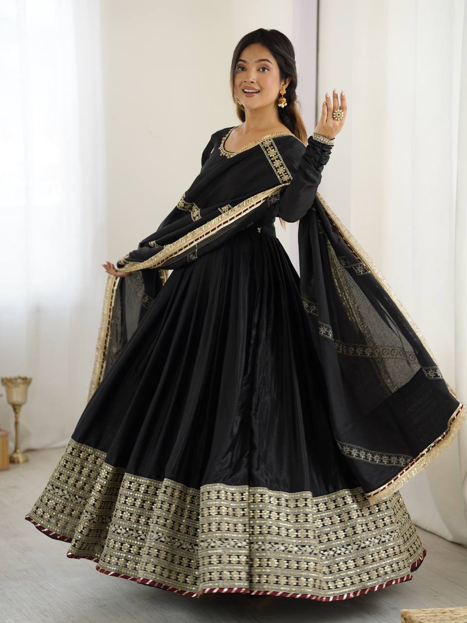 "Elegant Duo: Traditional Anarkali Dresses in Ivory and Black | KRUSHI LIFE STYLR