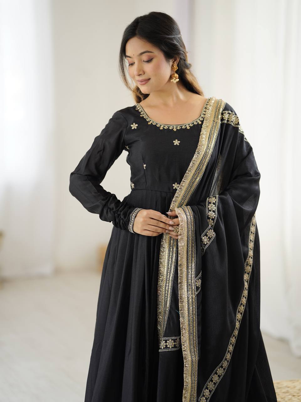 "Elegant Duo: Traditional Anarkali Dresses in Ivory and Black | KRUSHI LIFE STYLR