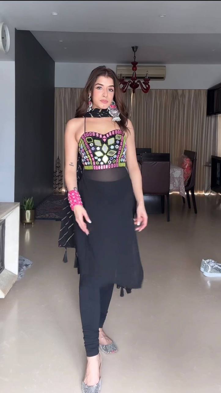 "Bold Black Fusion: Mirror Work Halter Kurta Set | Krushi Life Style"