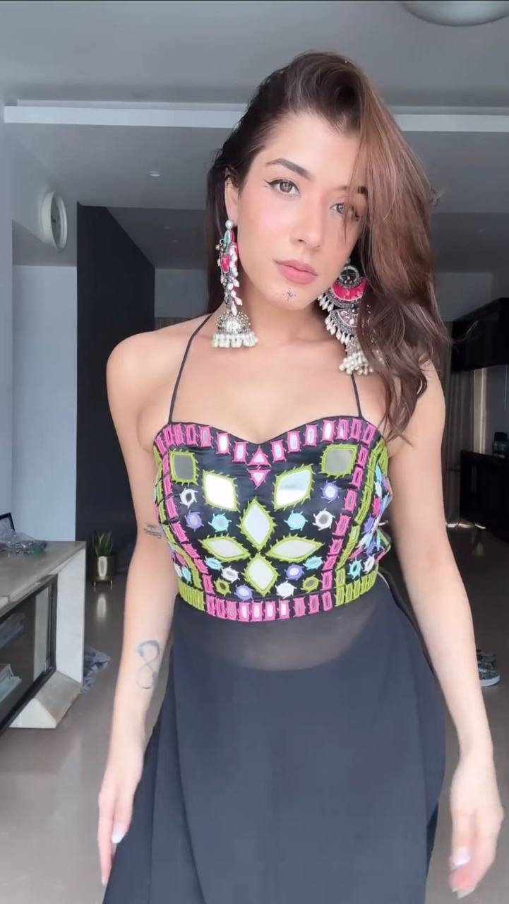 "Bold Black Fusion: Mirror Work Halter Kurta Set | Krushi Life Style"
