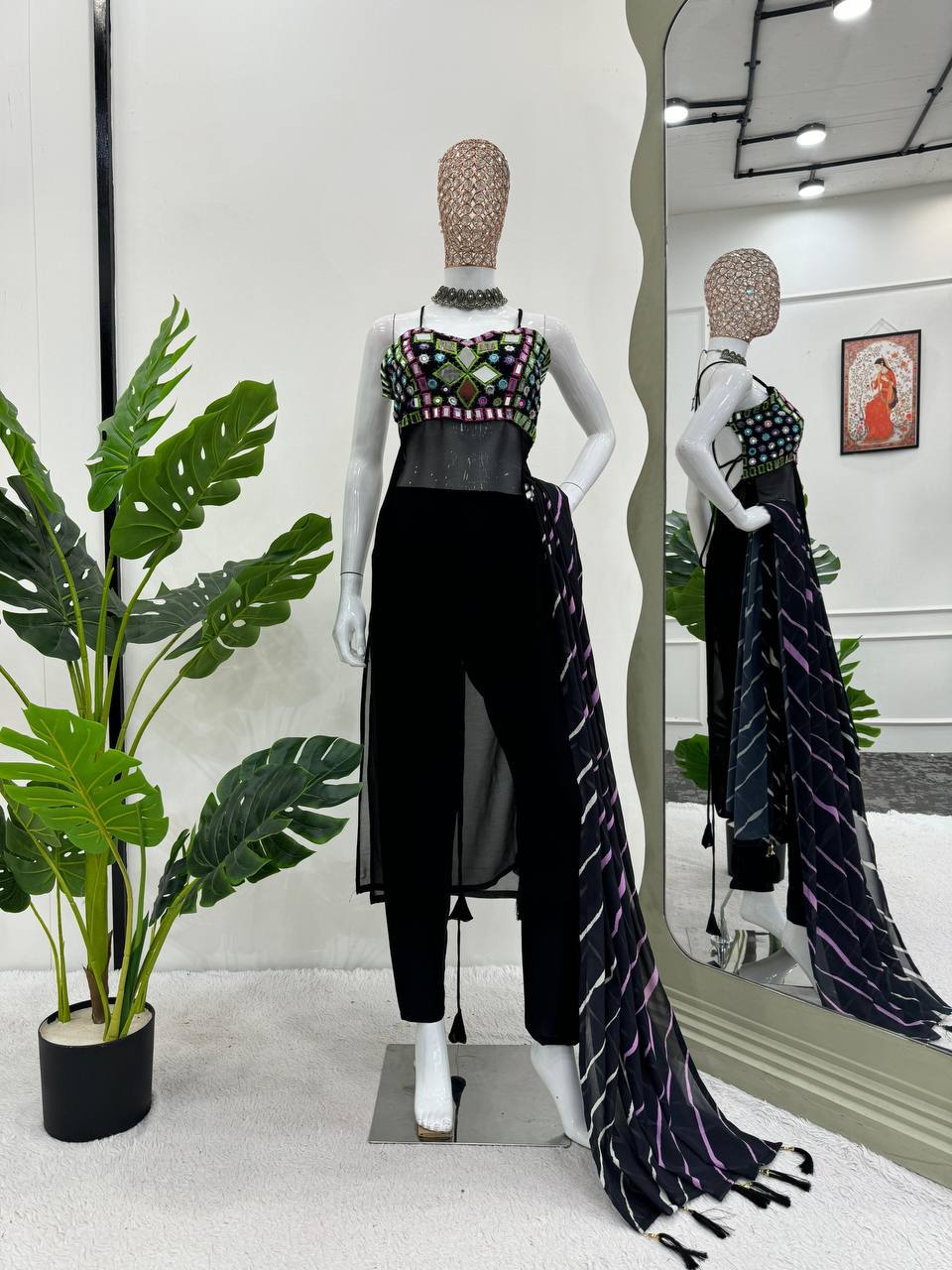 "Bold Black Fusion: Mirror Work Halter Kurta Set | Krushi Life Style"