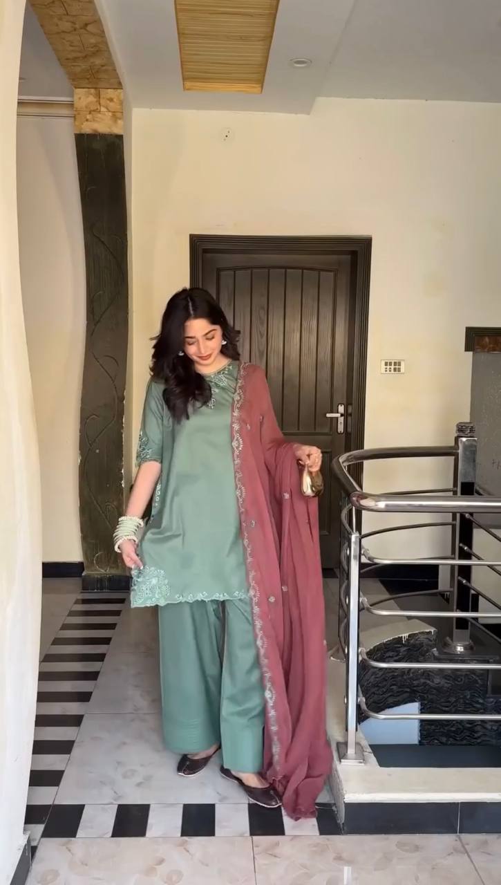 "Elegant Pastel Green Traditional Outfit with Contrasting Dupatta"