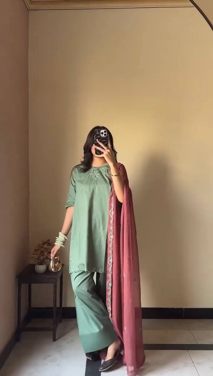 "Elegant Pastel Green Traditional Outfit with Contrasting Dupatta"