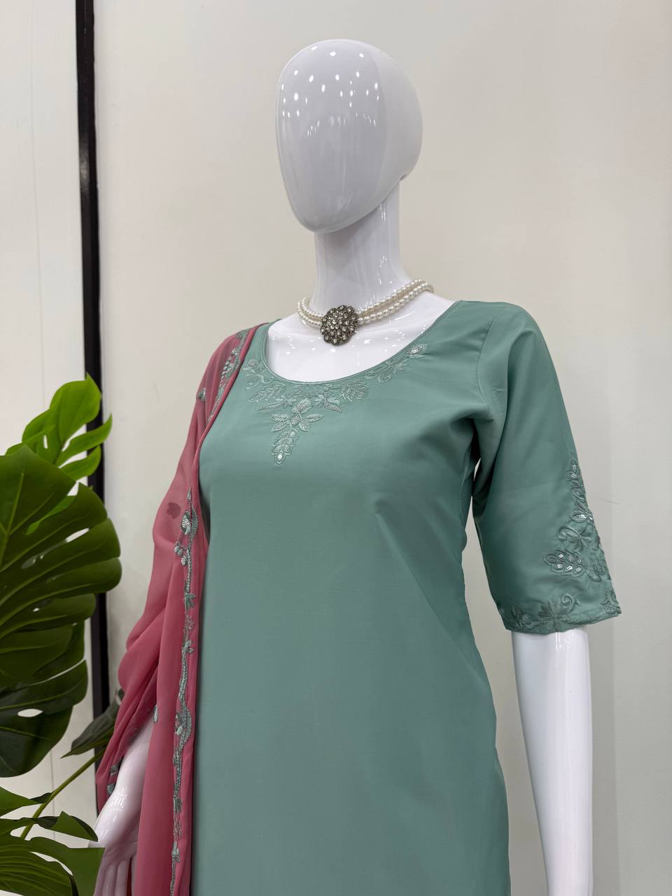 "Elegant Pastel Green Traditional Outfit with Contrasting Dupatta"