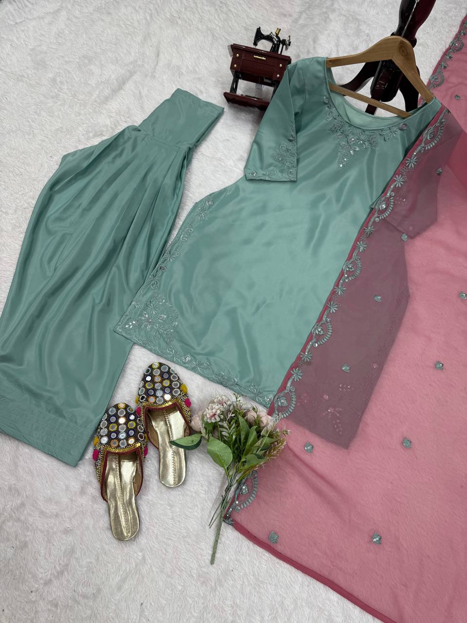 "Elegant Pastel Green Traditional Outfit with Contrasting Dupatta"