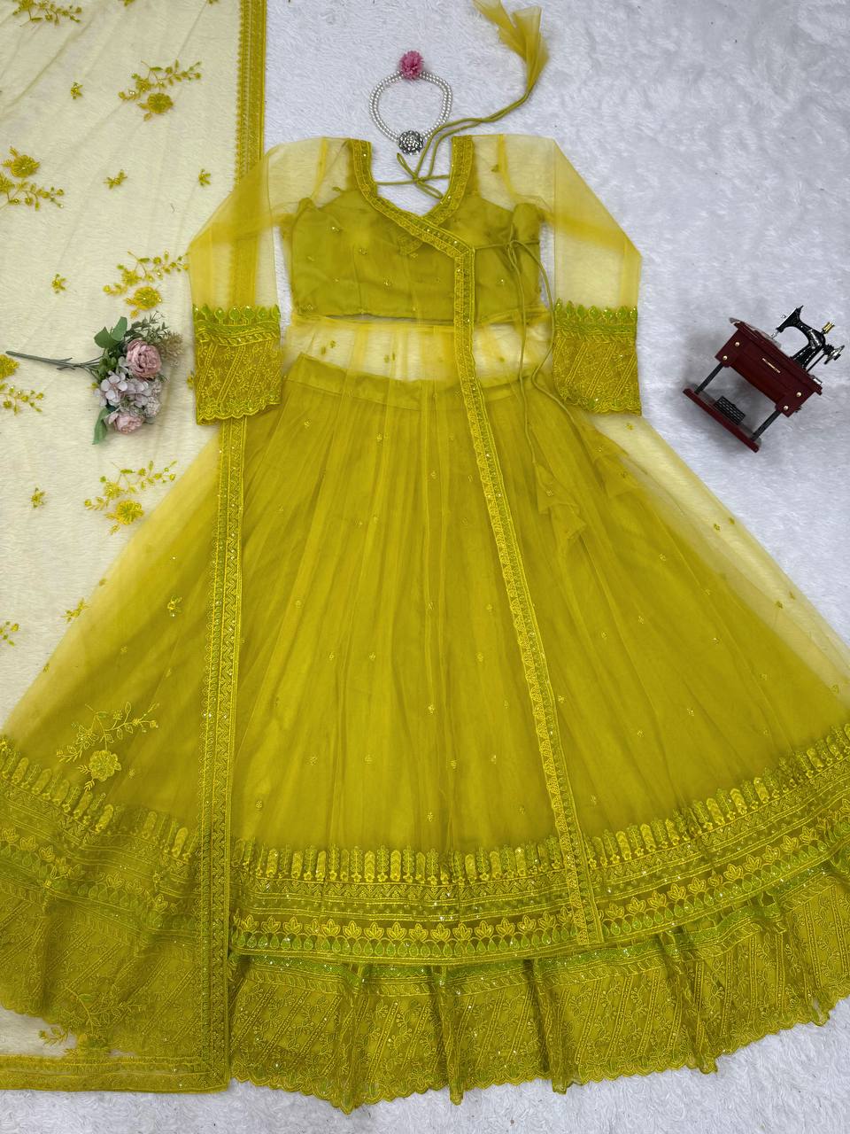 "Green  Kediya Style Shrug Set with Blouse, Dupatta & Lehenga – Traditional Festive Wear"