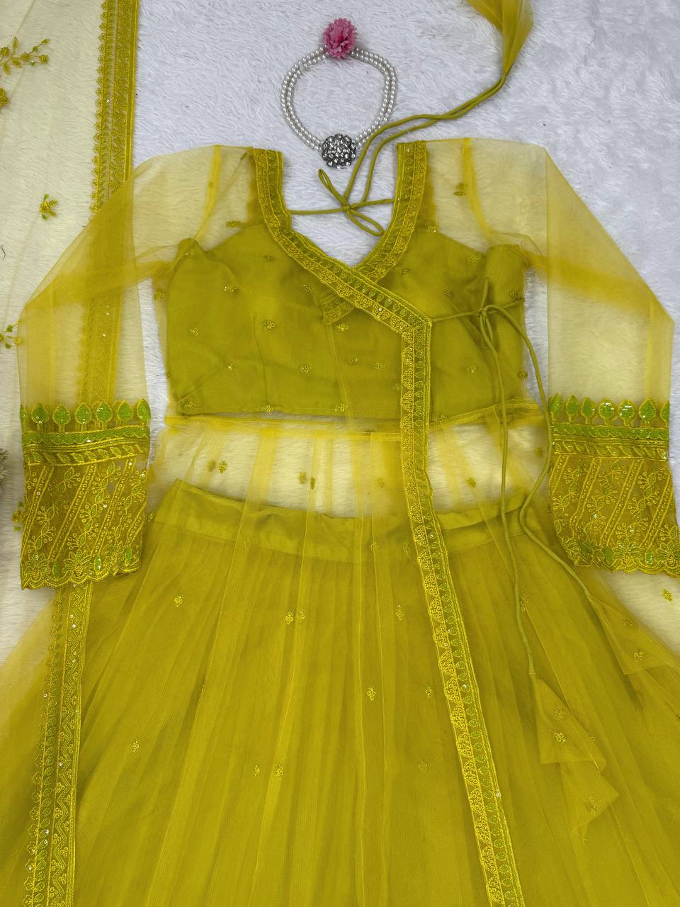 "Green  Kediya Style Shrug Set with Blouse, Dupatta & Lehenga – Traditional Festive Wear"