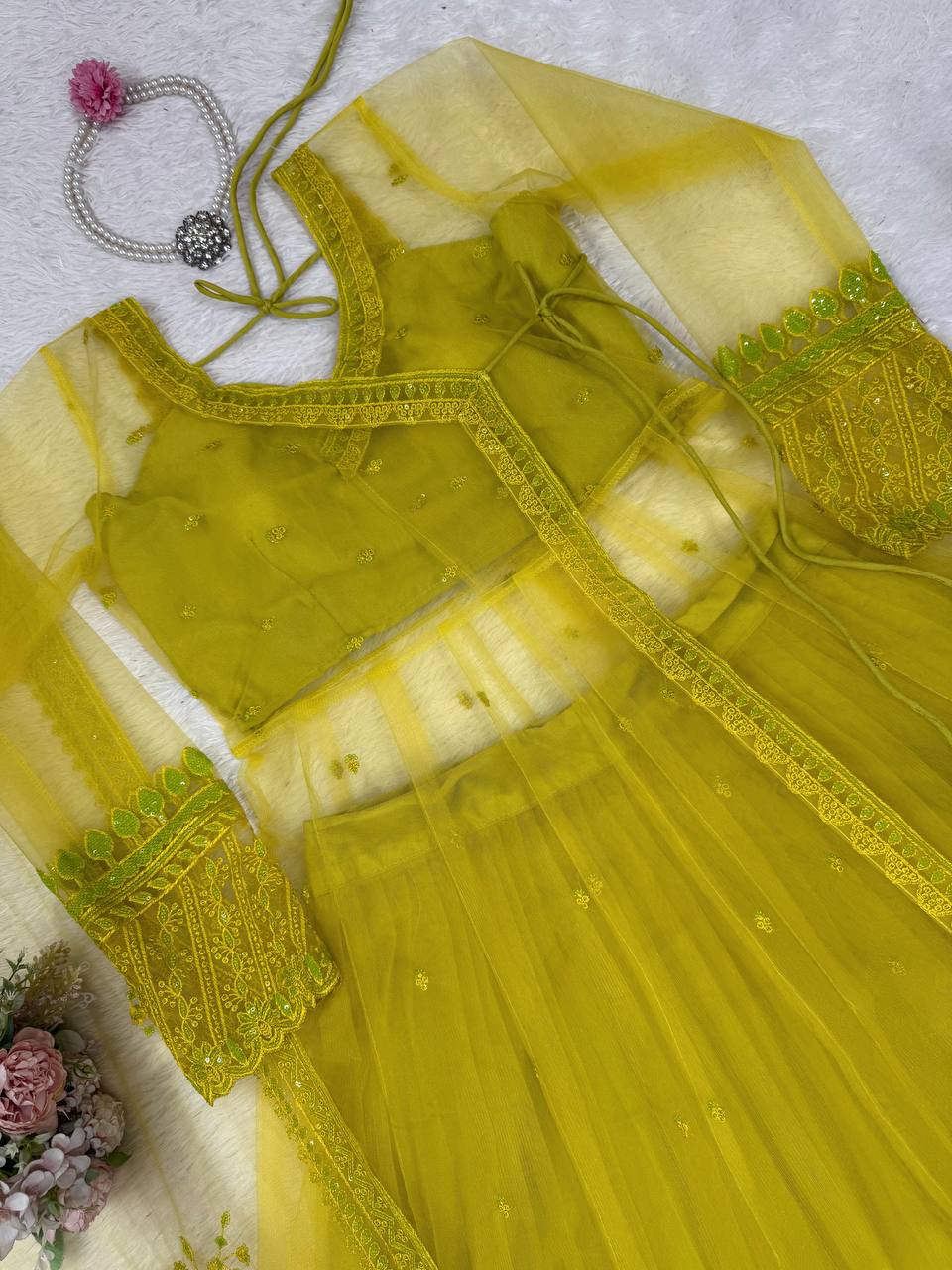 "Green  Kediya Style Shrug Set with Blouse, Dupatta & Lehenga – Traditional Festive Wear"