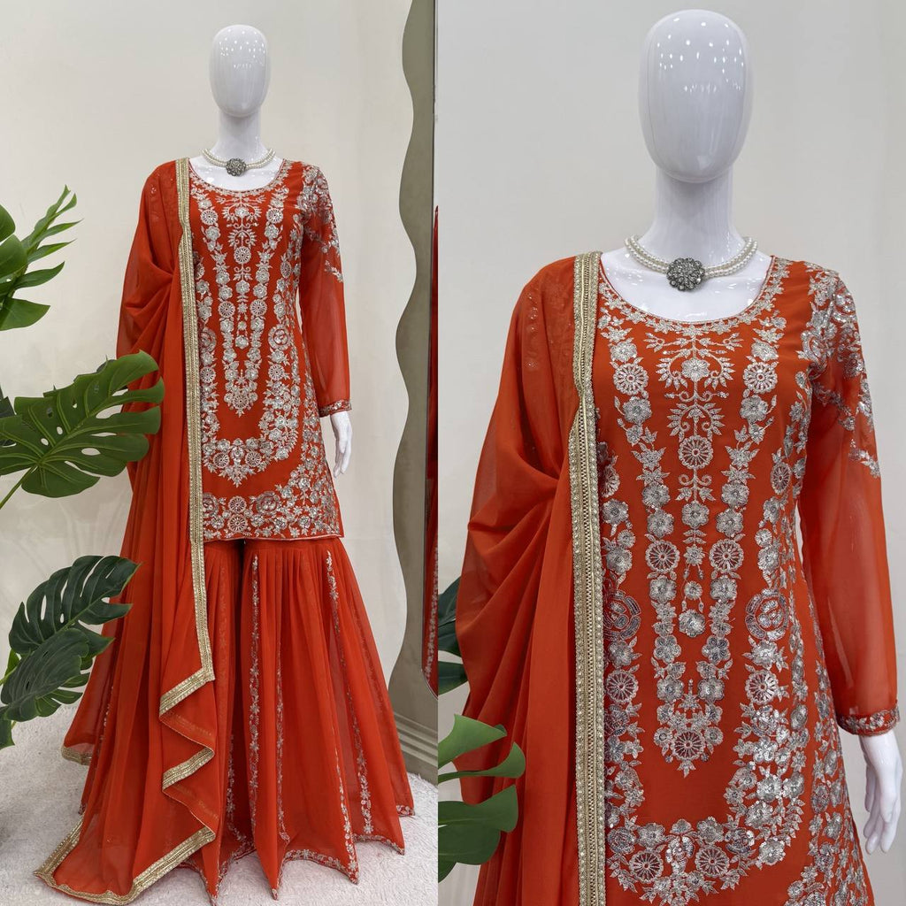 Traditional Flair Sharara Suit Set – Red, Mustard & Black