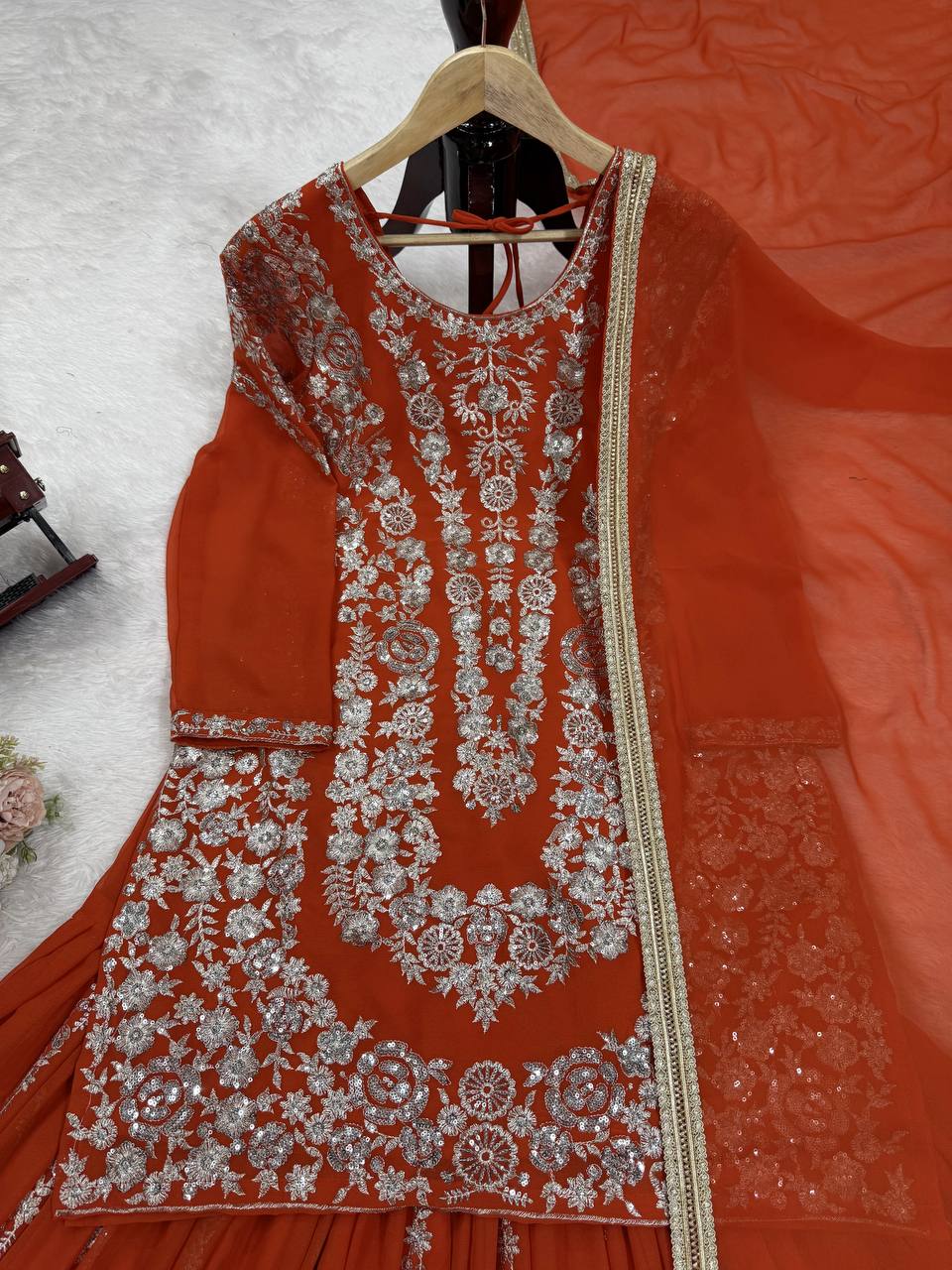 Traditional Flair Sharara Suit Set – Red, Mustard & Black