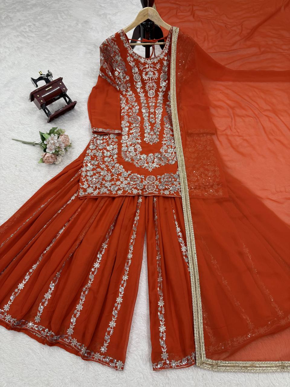 Traditional Flair Sharara Suit Set – Red, Mustard & Black