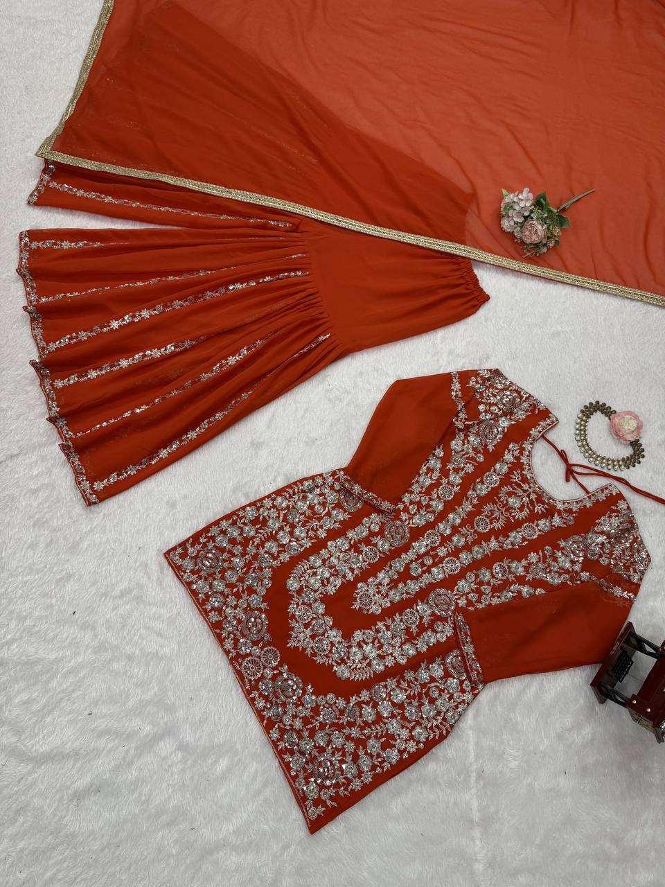 Traditional Flair Sharara Suit Set – Red, Mustard & Black