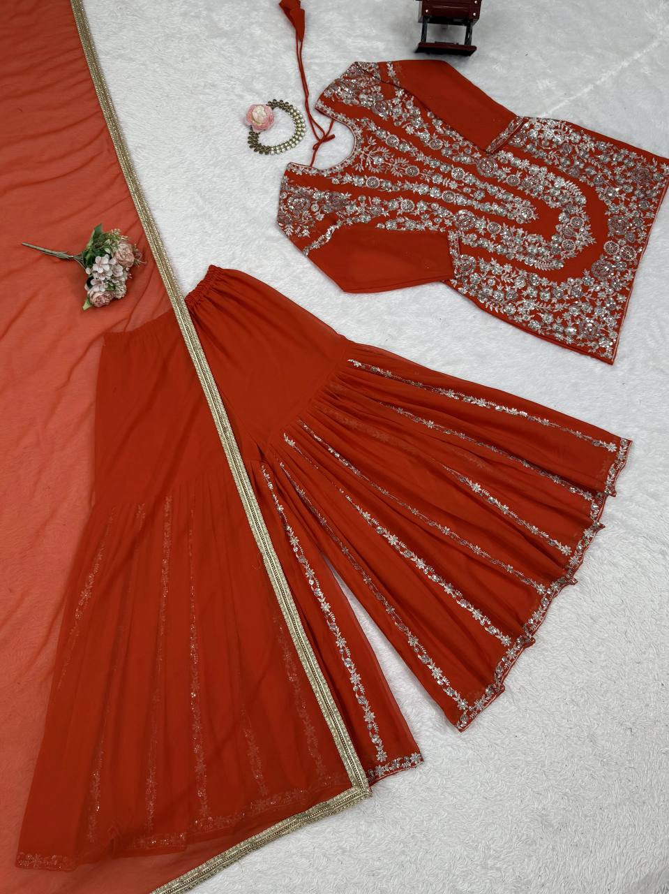 Traditional Flair Sharara Suit Set – Red, Mustard & Black